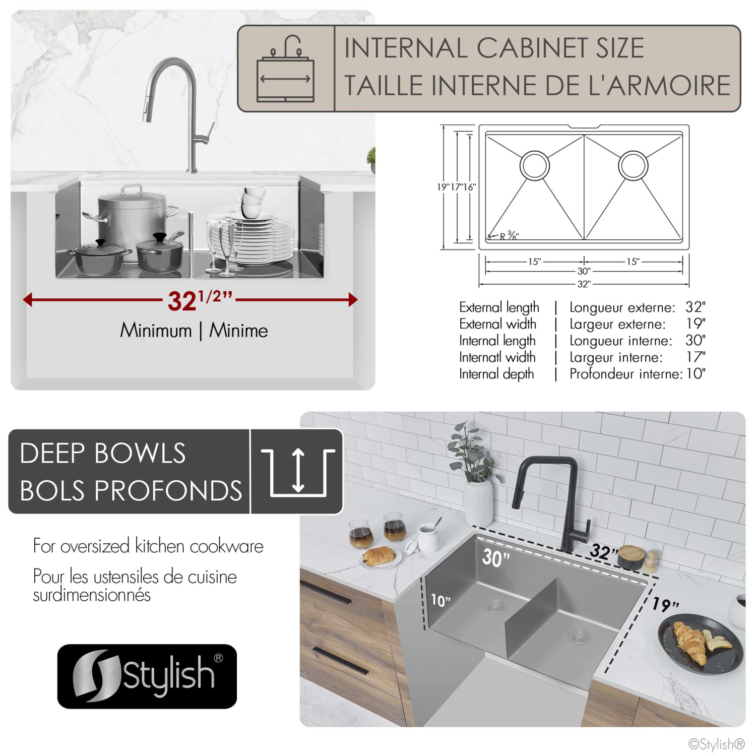 Élégant évier de cuisine sous comptoir à deux bols de 32&nbsp;po en acier inoxydable de calibre 16 Accessoires intégrés S-601WK