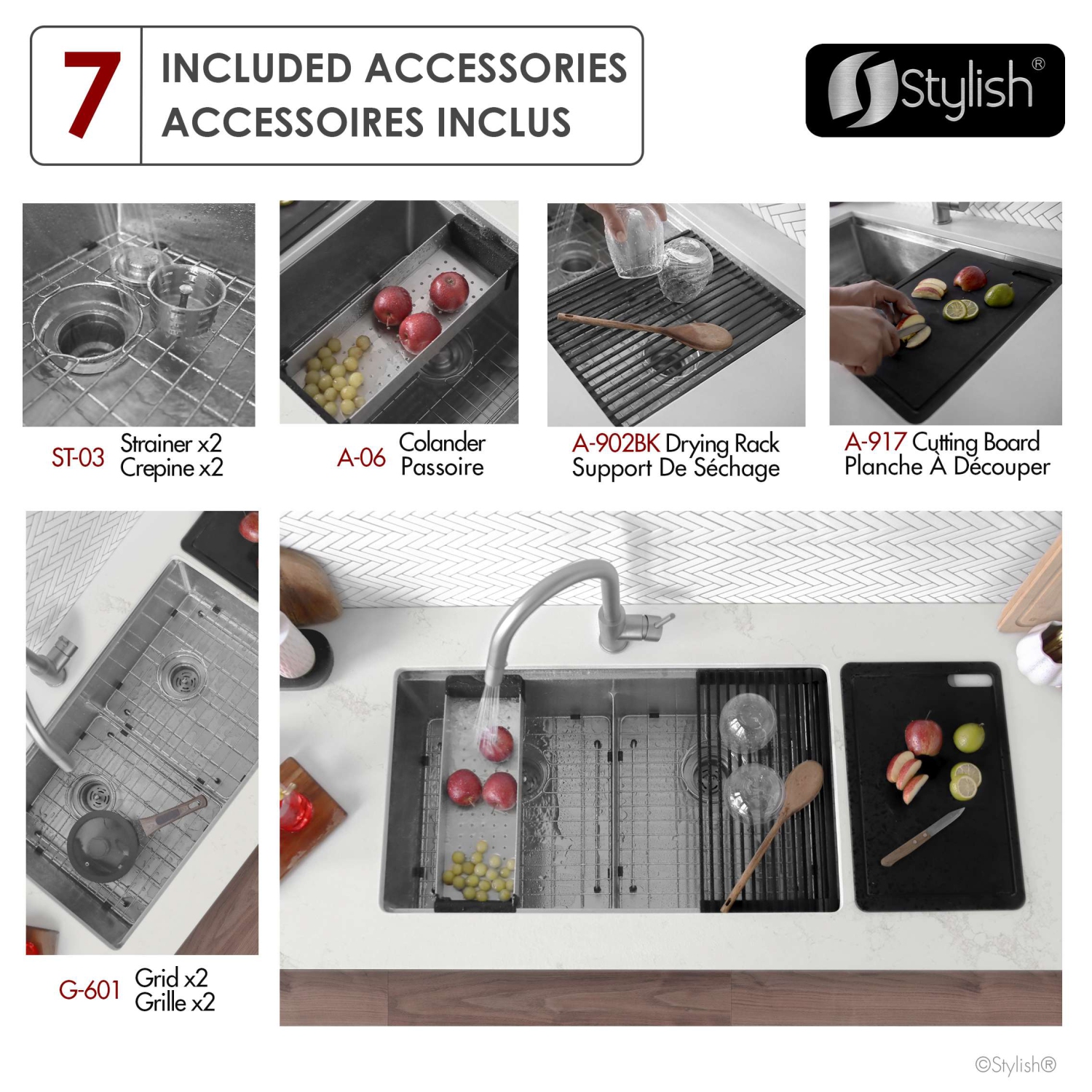Élégant évier de cuisine sous comptoir à deux bols de 32&nbsp;po en acier inoxydable de calibre 16 Accessoires intégrés S-601WK