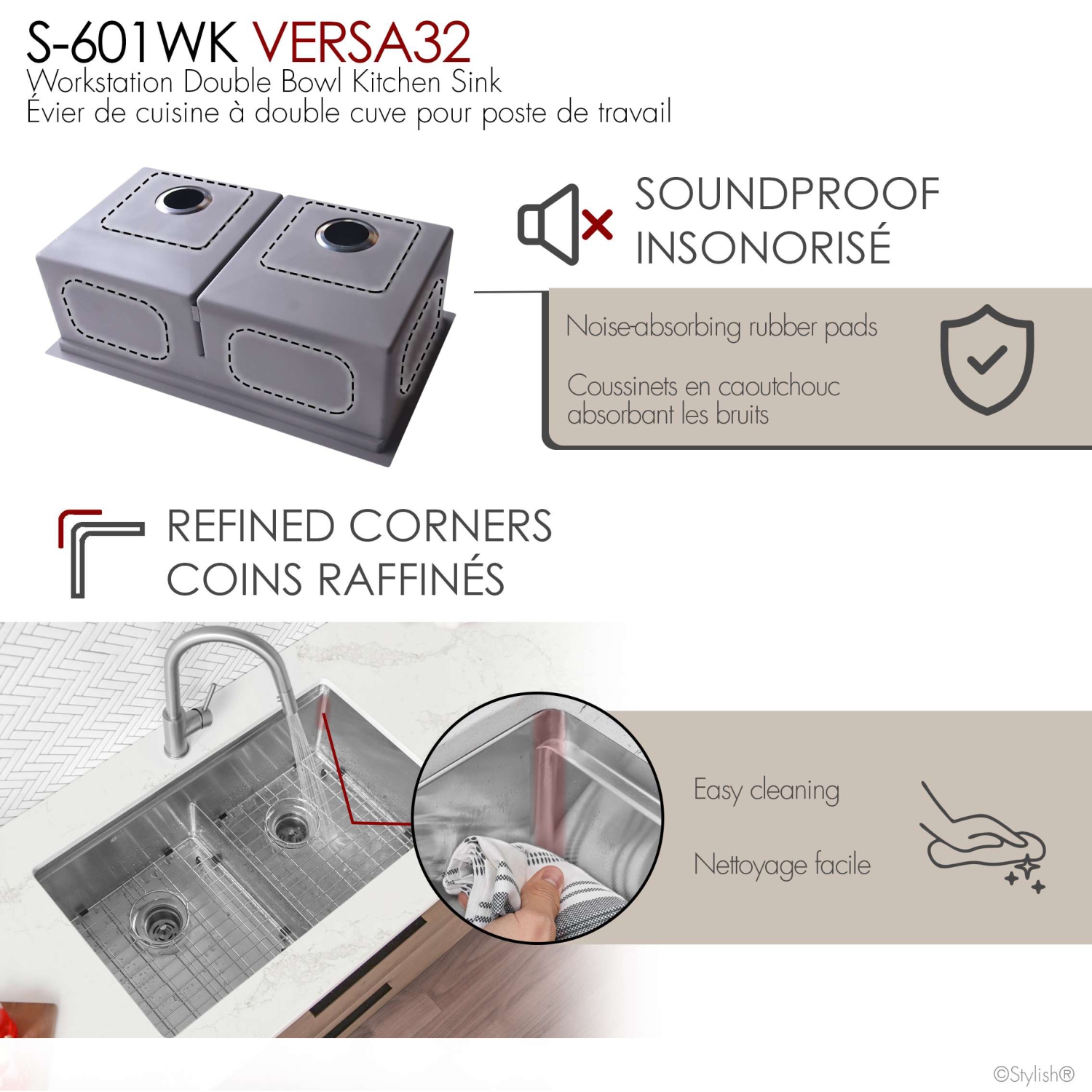 Élégant évier de cuisine sous comptoir à deux bols de 32&nbsp;po en acier inoxydable de calibre 16 Accessoires intégrés S-601WK