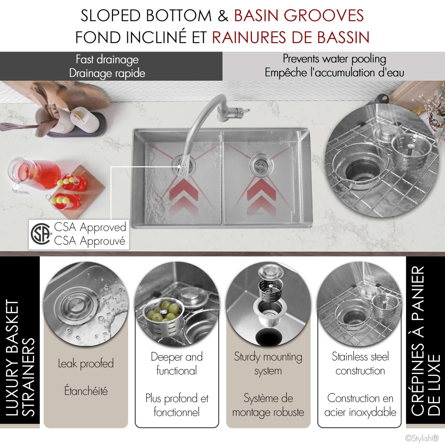 Élégant évier de cuisine sous comptoir à deux bols de 32&nbsp;po en acier inoxydable de calibre 16 Accessoires intégrés S-601WK