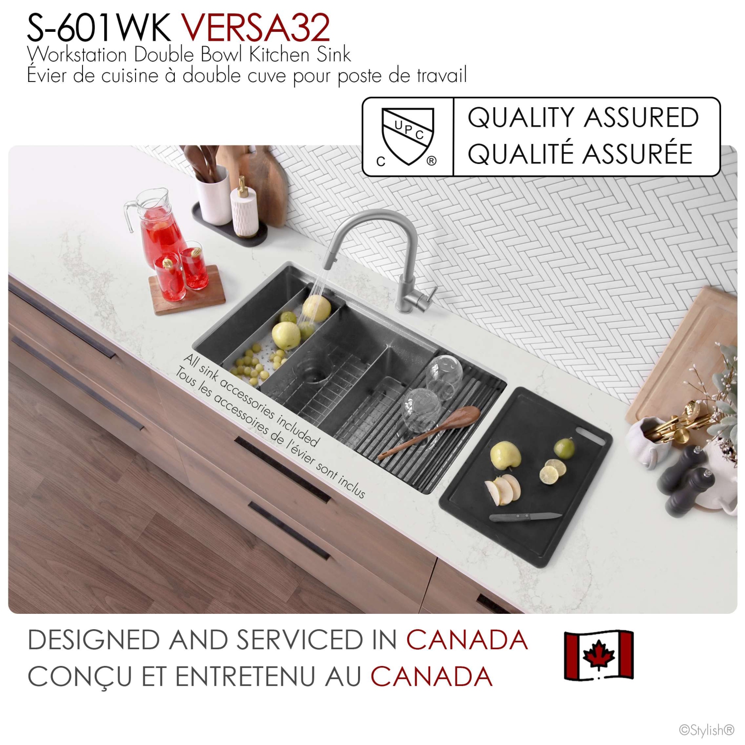 Élégant évier de cuisine sous comptoir à deux bols de 32&nbsp;po en acier inoxydable de calibre 16 Accessoires intégrés S-601WK