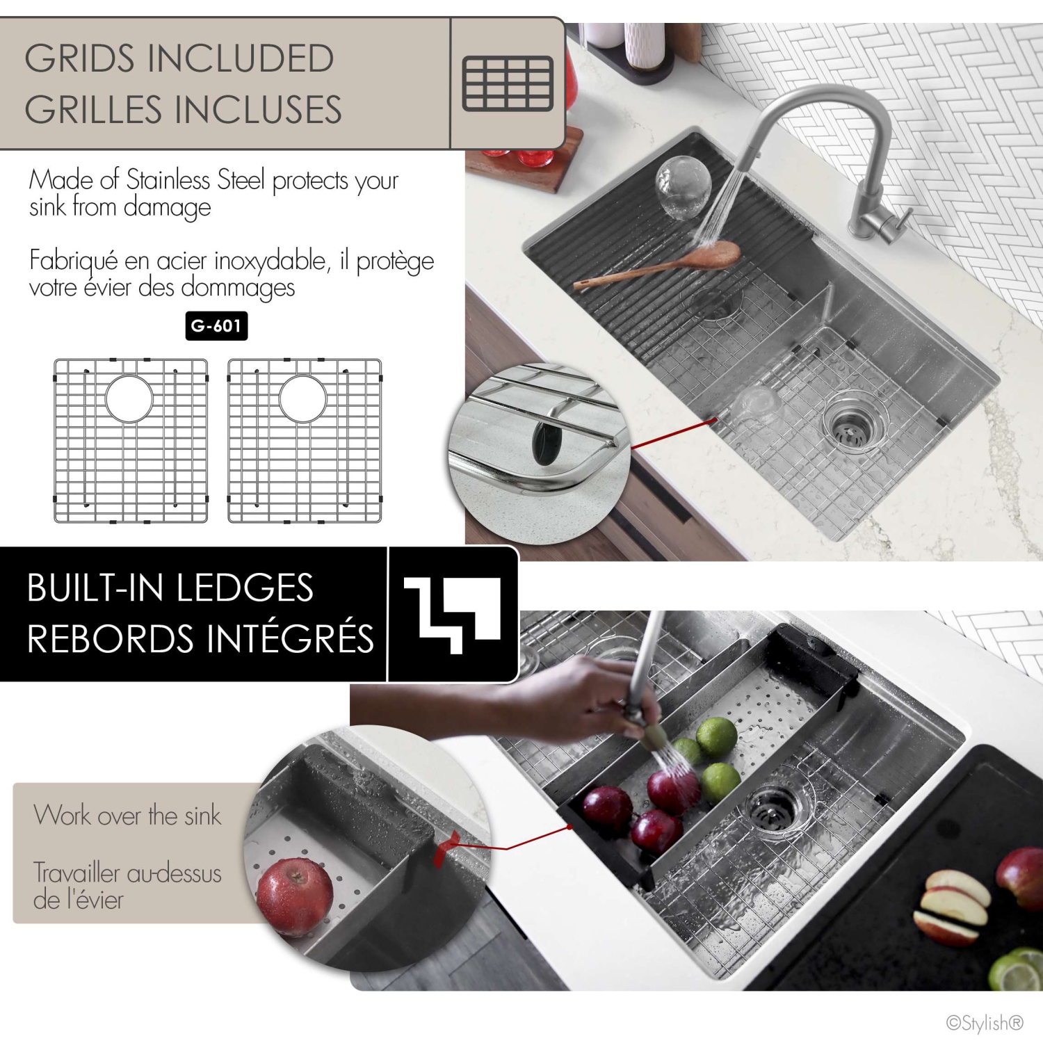 Élégant évier de cuisine sous comptoir à deux bols de 32&nbsp;po en acier inoxydable de calibre 16 Accessoires intégrés S-601WK