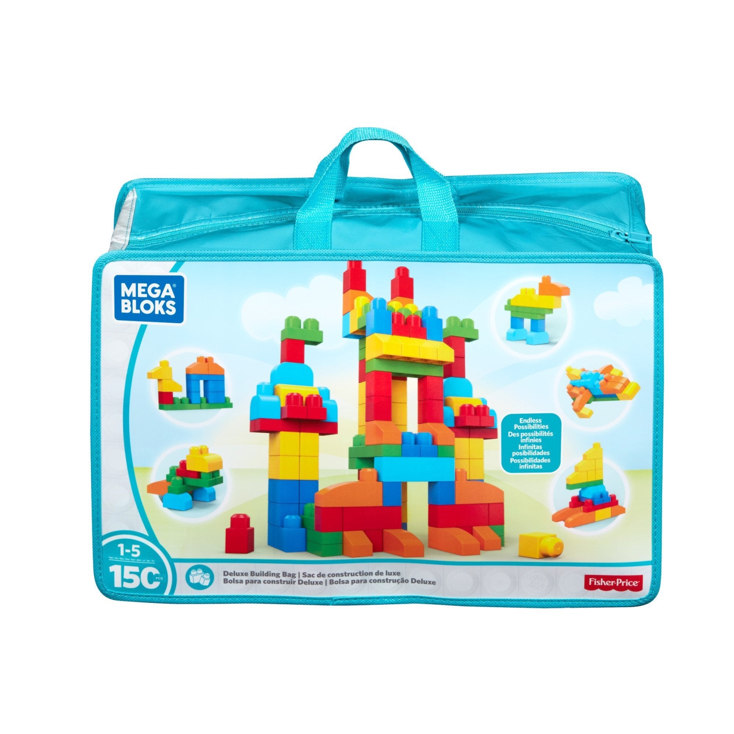 MEGA BLOKS Fisher-Price Toddler Block Toys, Deluxe Building Bag with 150 Pieces and Storage Bag, For Kids Age 1+ Years