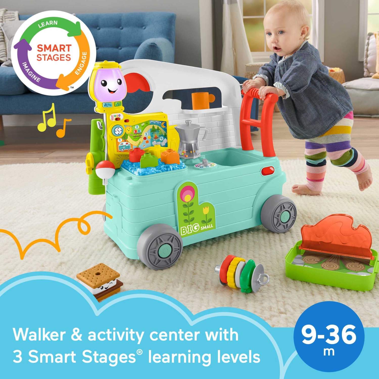 Fisher-Price Laugh & Learn 3-in-1 On-the-Go Camper - English & French Edition, musical push-along walker and activity ..