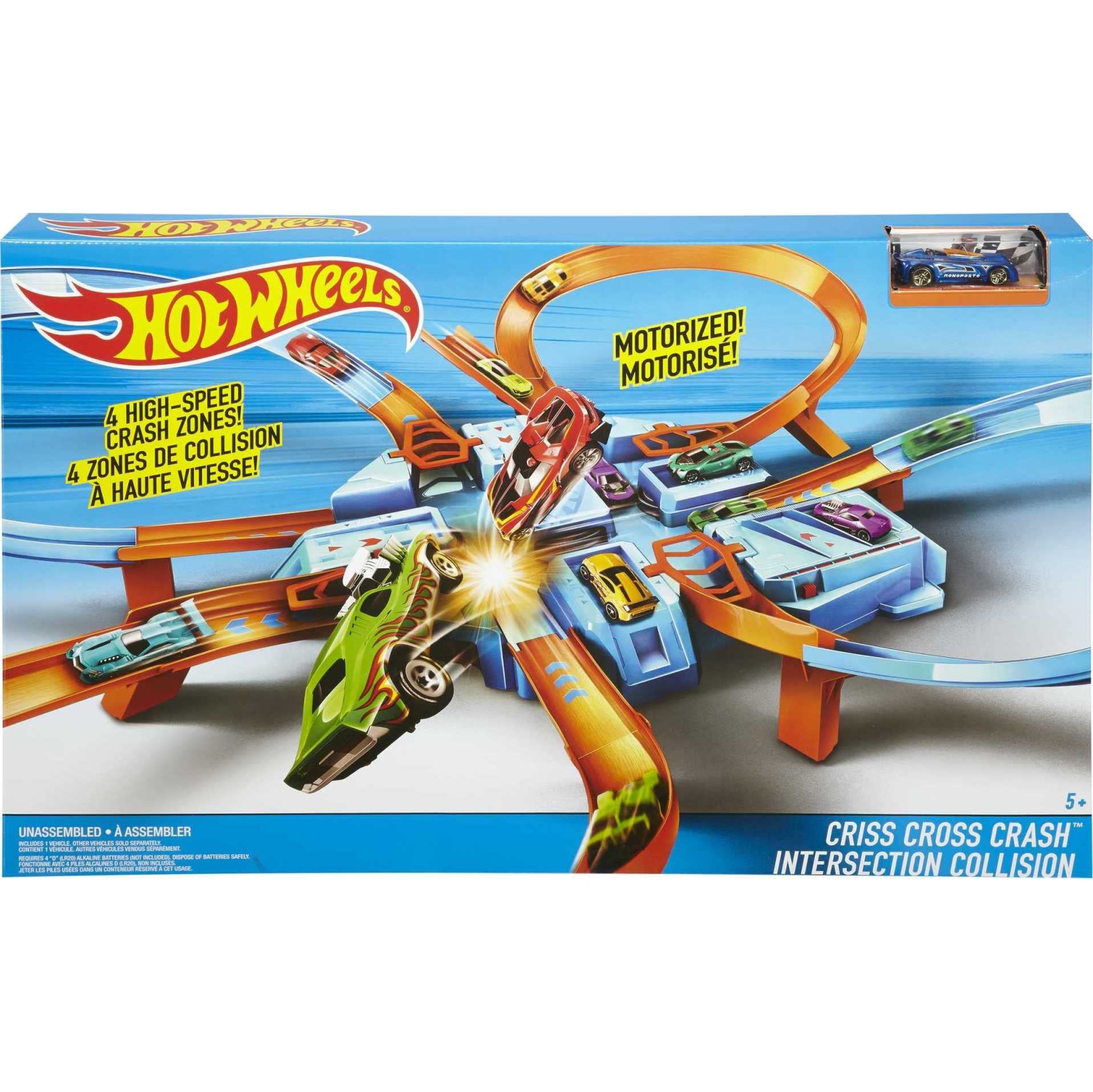 Hot Wheels Toy Car Track Set, Criss Cross Crash with 1:64 Scale Vehicle, Powered by a Motorized Booster
