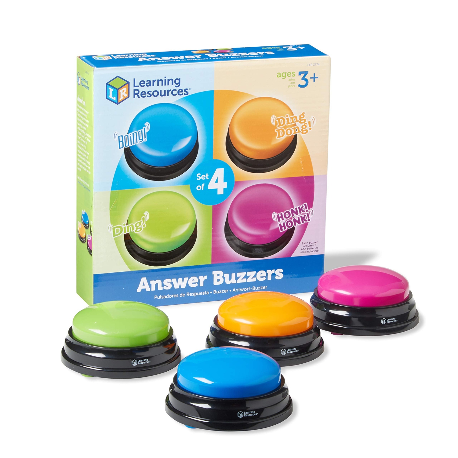 Learning Resources Answer Buzzers, Set of 4 Assorted Colored Buzzers, 4 Sounds, Ages 3+