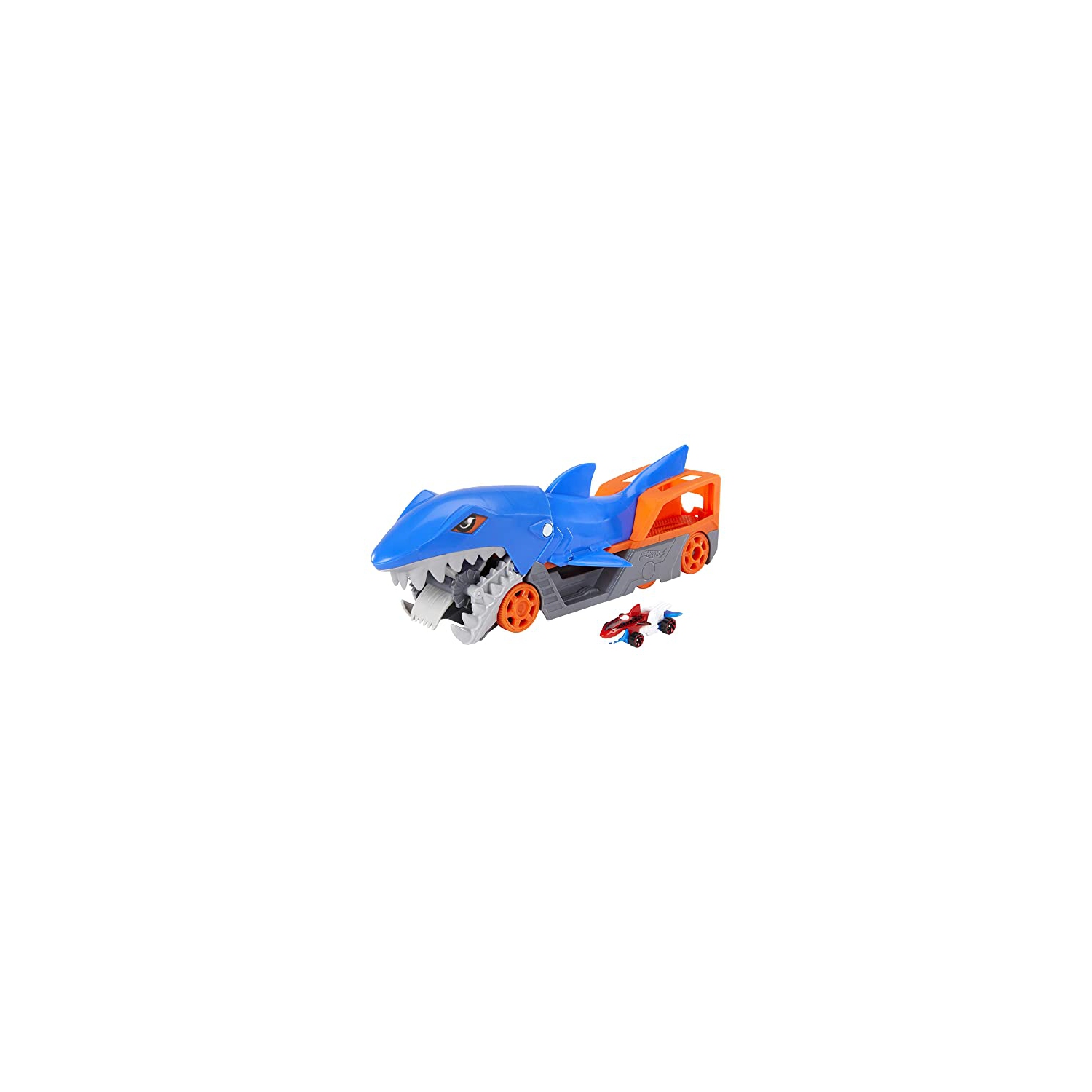 Hot Wheels Toy Car Shark Chomp Transporter & 1:64 Scale Car, Connects to Hot Wheels Track & Stores 5 Scale Vehicles