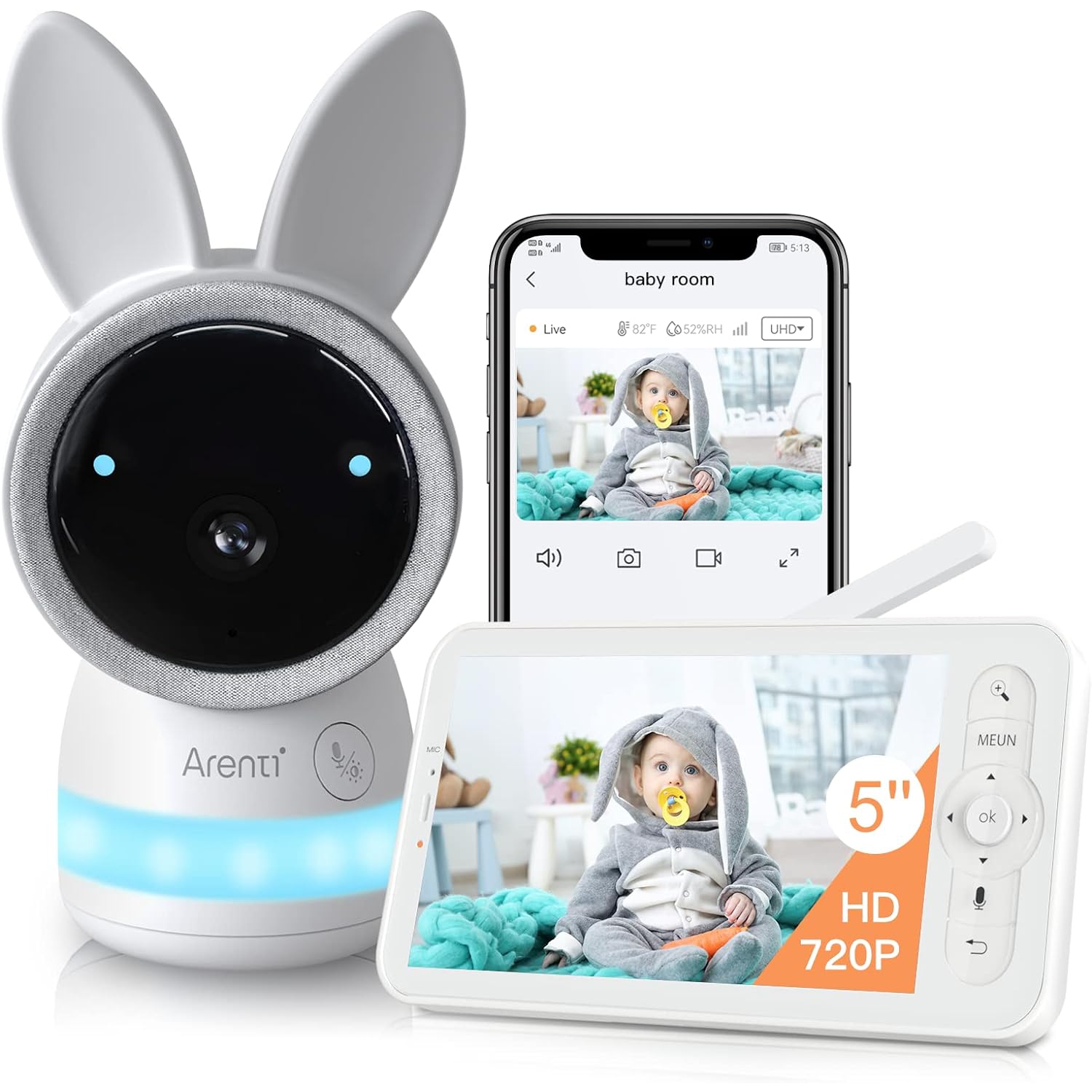 ARENTI Nanny Camera, Baby Monitor 5" Display, 2K Ultra HD, WiFi, Night Vision, Lullabies, Cry Detection, Motion Detection, Temp & Humidity Sensor, Two Way Talk