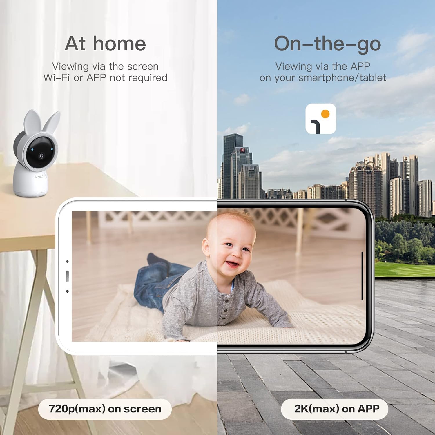 ARENTI Nanny Camera, Baby Monitor 5" Display, 2K Ultra HD, WiFi, Night Vision, Lullabies, Cry Detection, Motion Detection, Temp & Humidity Sensor,