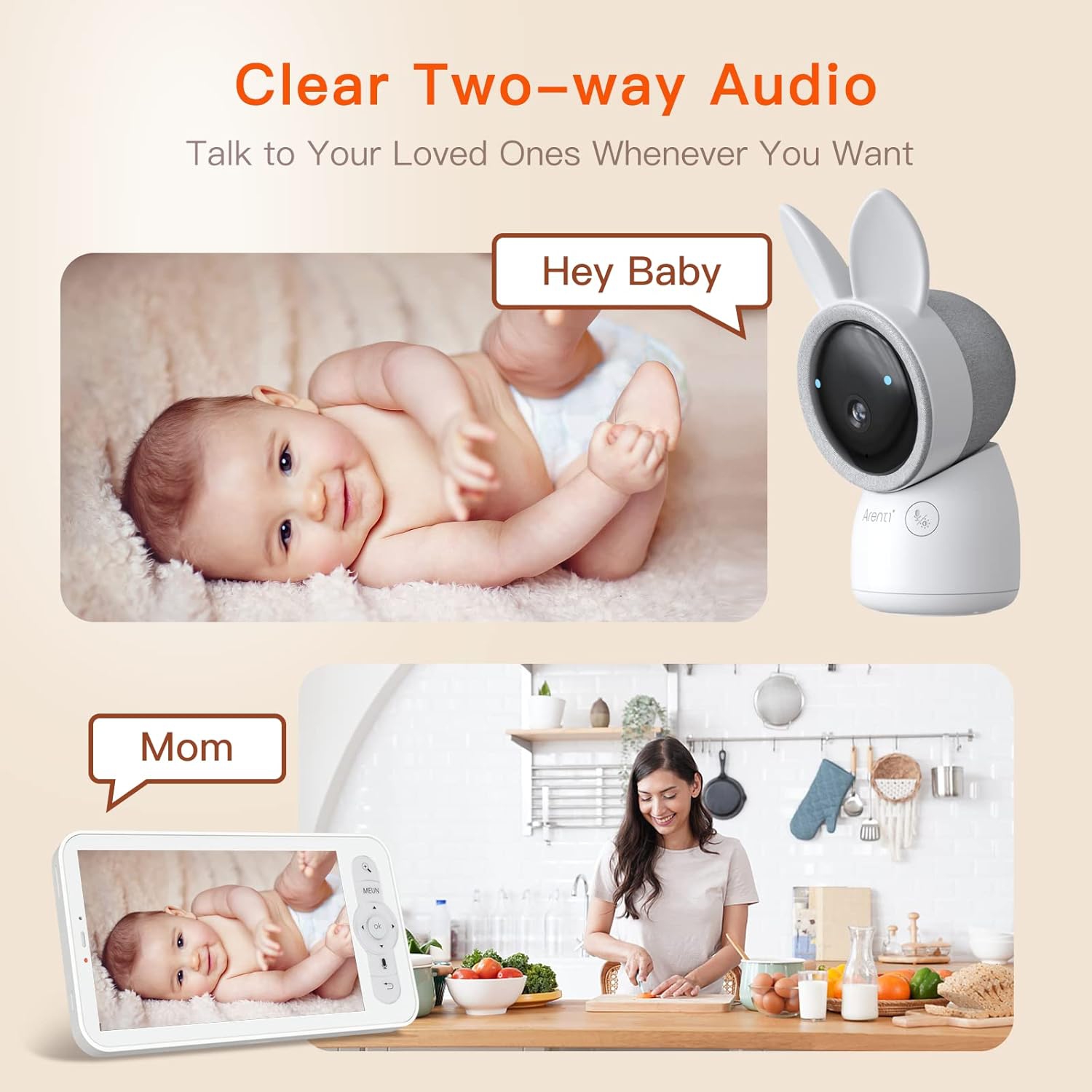 ARENTI Nanny Camera, Baby Monitor 5" Display, 2K Ultra HD, WiFi, Night Vision, Lullabies, Cry Detection, Motion Detection, Temp & Humidity Sensor,