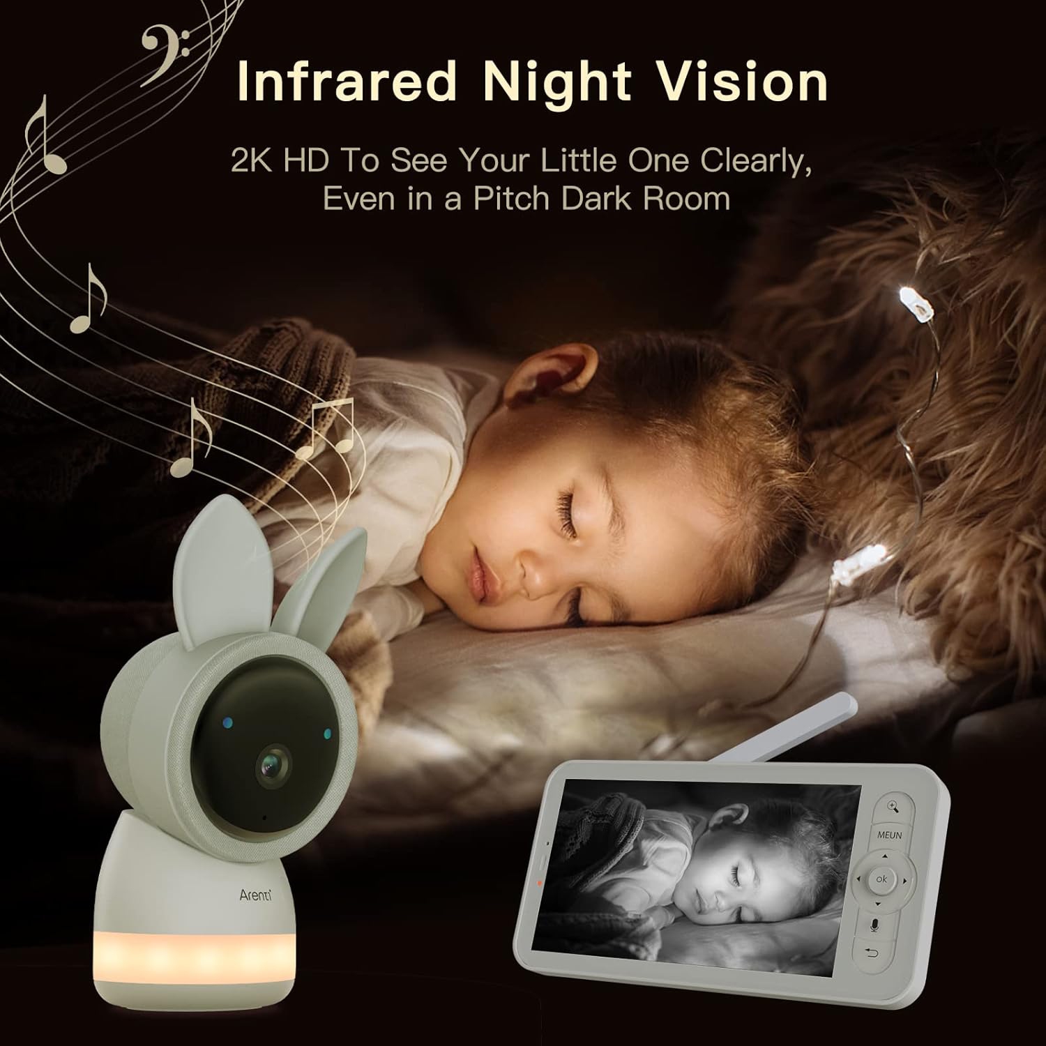 ARENTI Nanny Camera, Baby Monitor 5" Display, 2K Ultra HD, WiFi, Night Vision, Lullabies, Cry Detection, Motion Detection, Temp & Humidity Sensor,