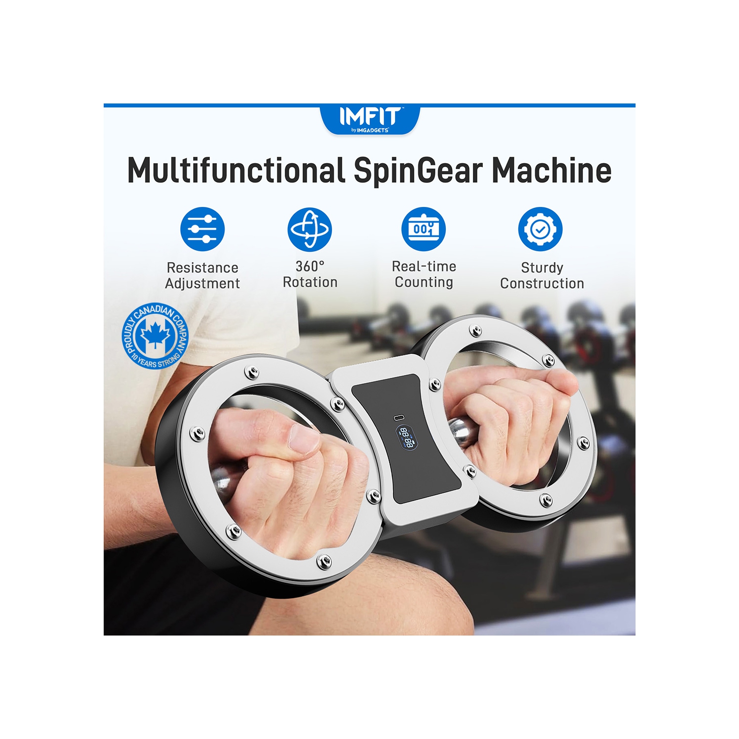 Machine rotative multifonction IMFIT SpinGear | conception à deux bras | résistance réglable | rotation à 360 degrés | poignées antidérapantes |