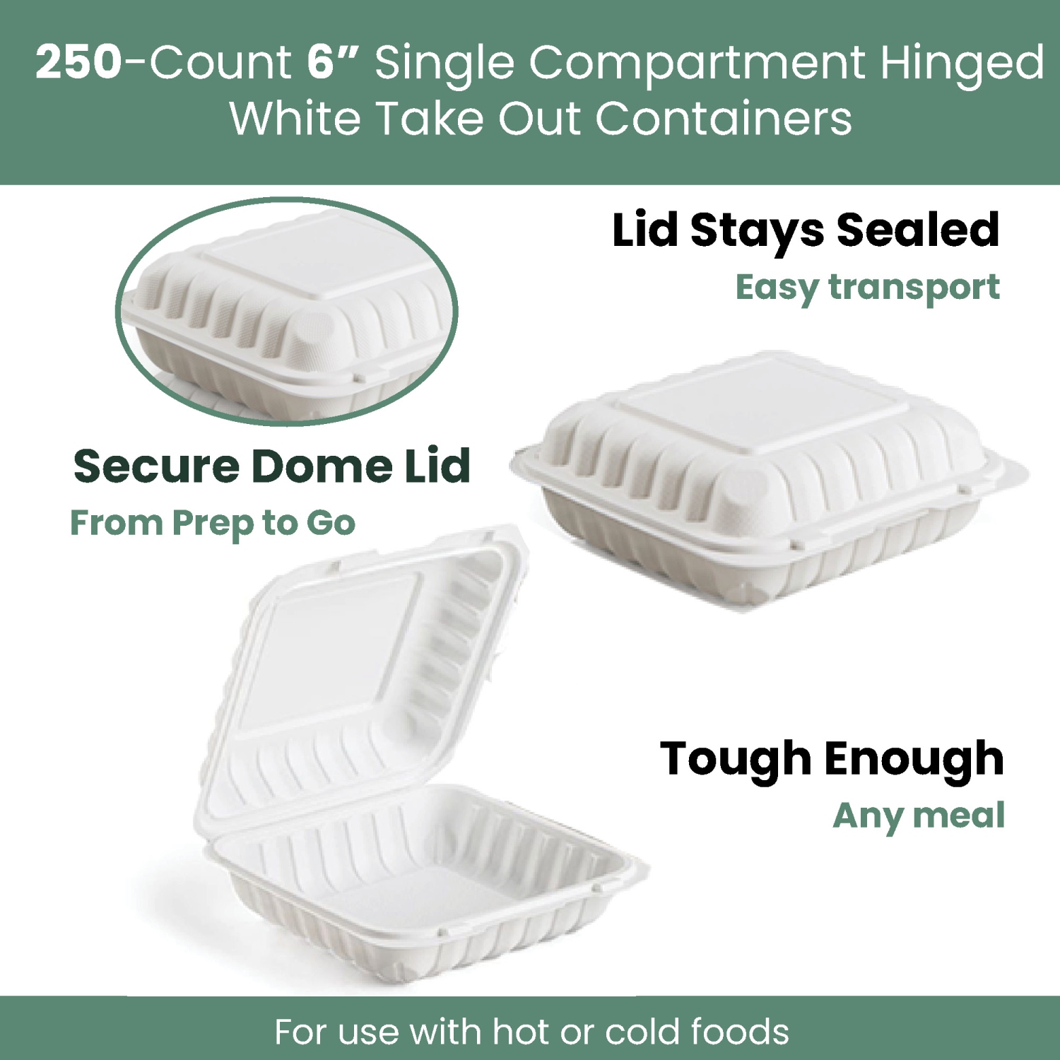 250-Count Single Compartment Hinged White Take Out Containers - 6"