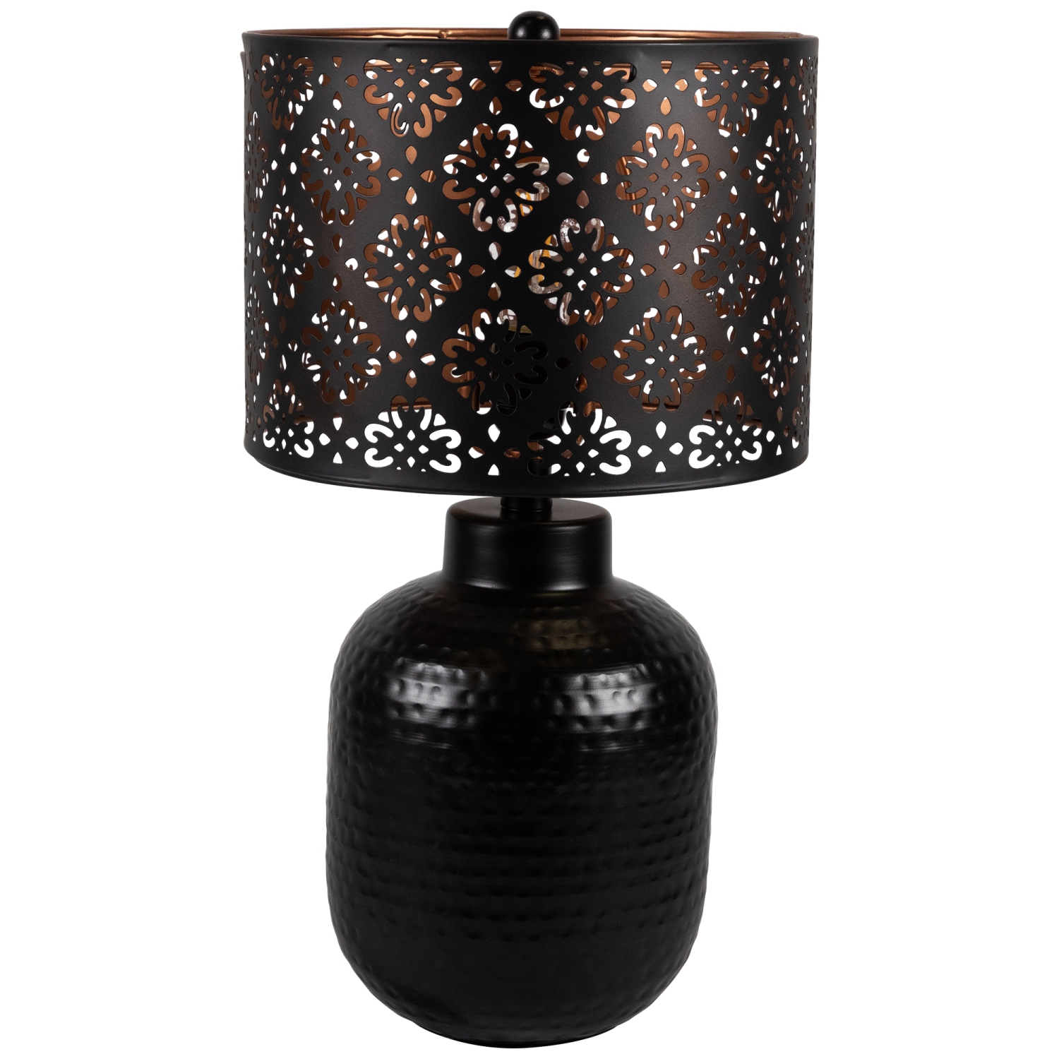 Lampe de table ronde en fer avec abat-jour floral coupé au laser - 19 po - Noir et cuivre