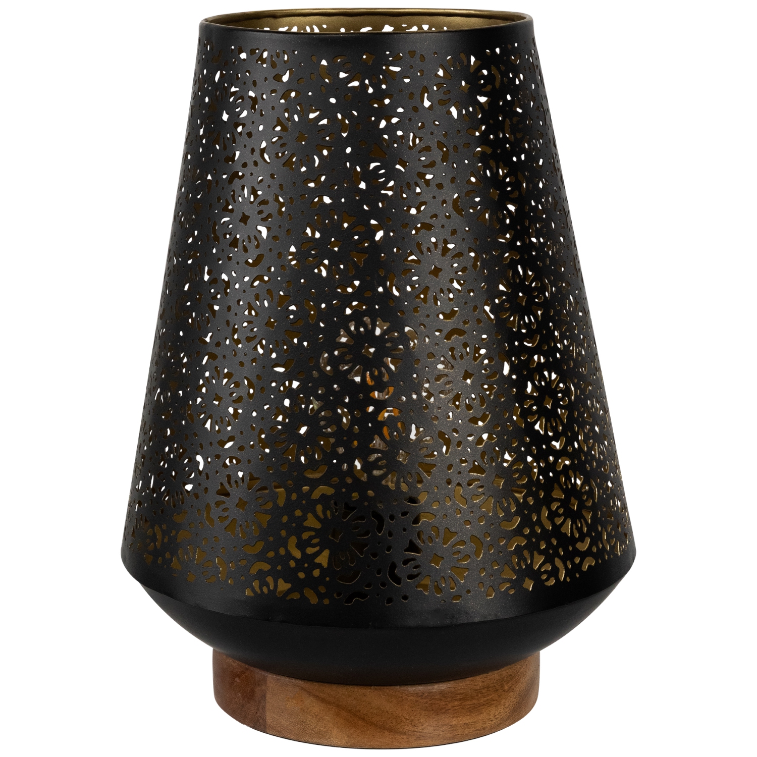 Lampe de table en fer à taille laser avec base en bois Floral - 10,75 po - Noir
