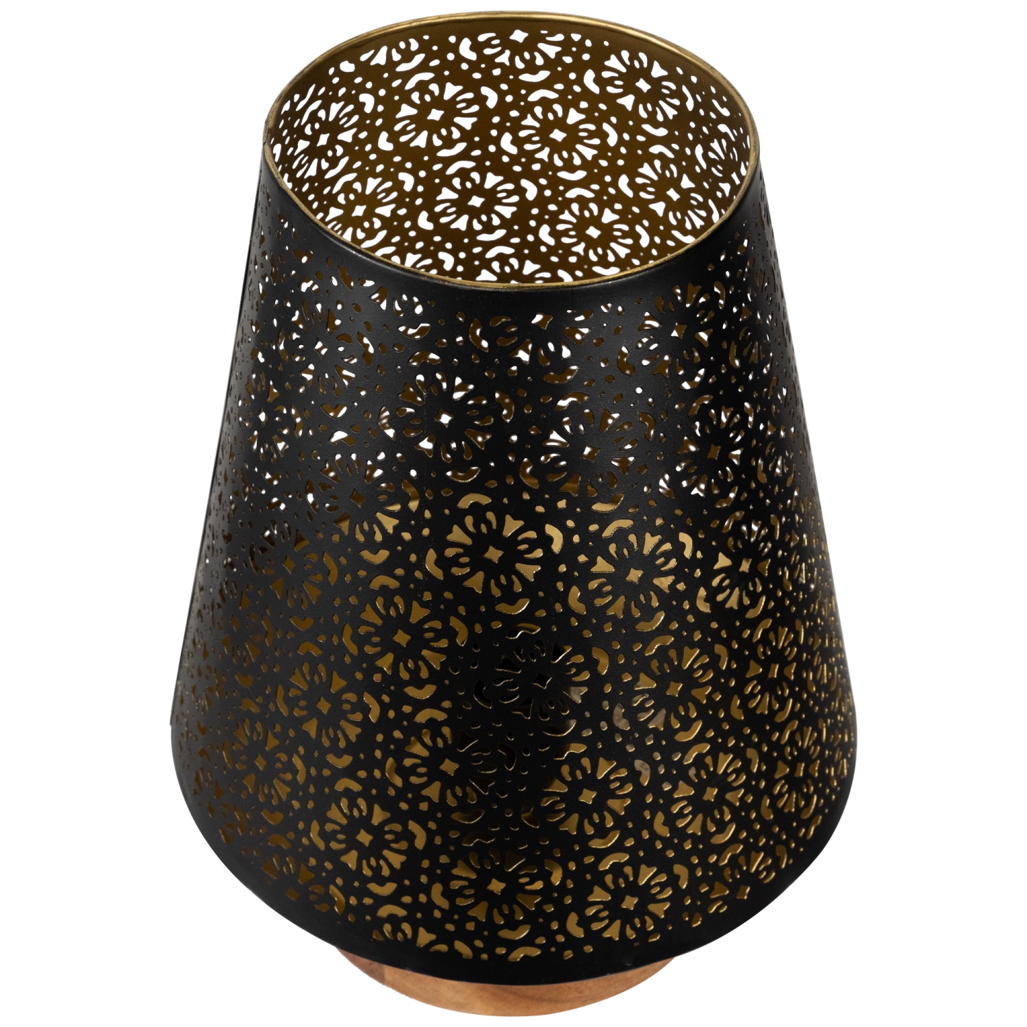 Lampe de table en fer à taille laser avec base en bois Floral - 10,75 po - Noir