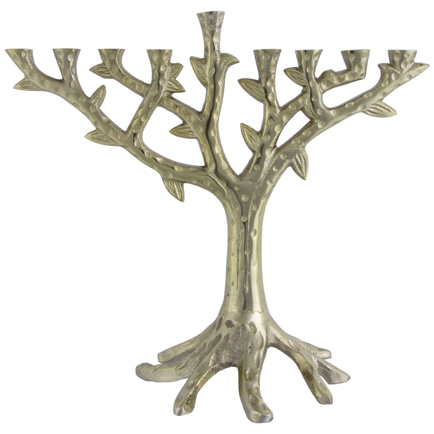 Tree Trunk-Shaped Brass Hanukkah Menorah - 11.5" - Gold Finish