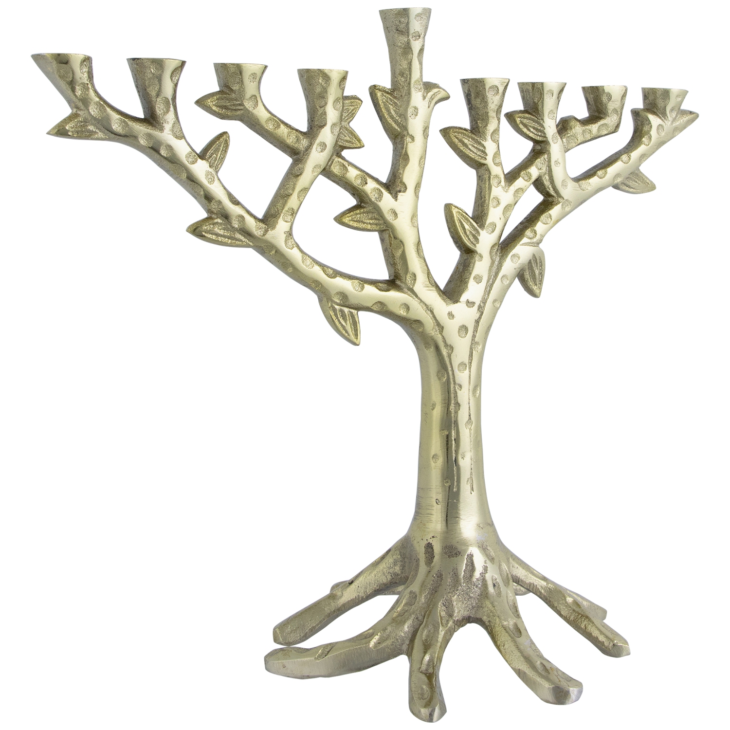 Tree Trunk-Shaped Brass Hanukkah Menorah - 11.5" - Gold Finish