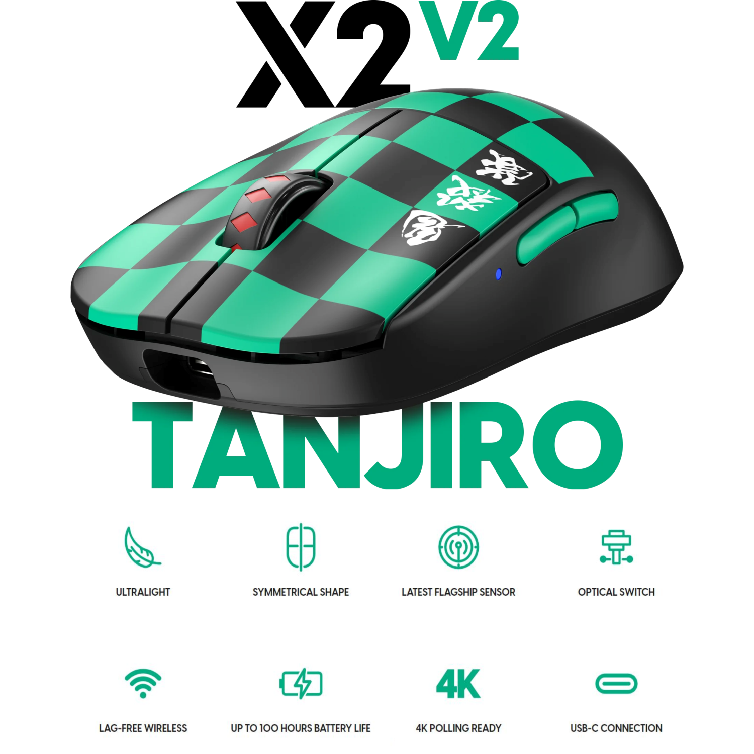 Pulsar X2 V2 Demon Slayer Wireless Gaming Mouse - Ultra-Lightweight 54g PAW3395 26K DPI Sensor Optical Switches Symmetrical Design Lag-Free 2.4GHz,