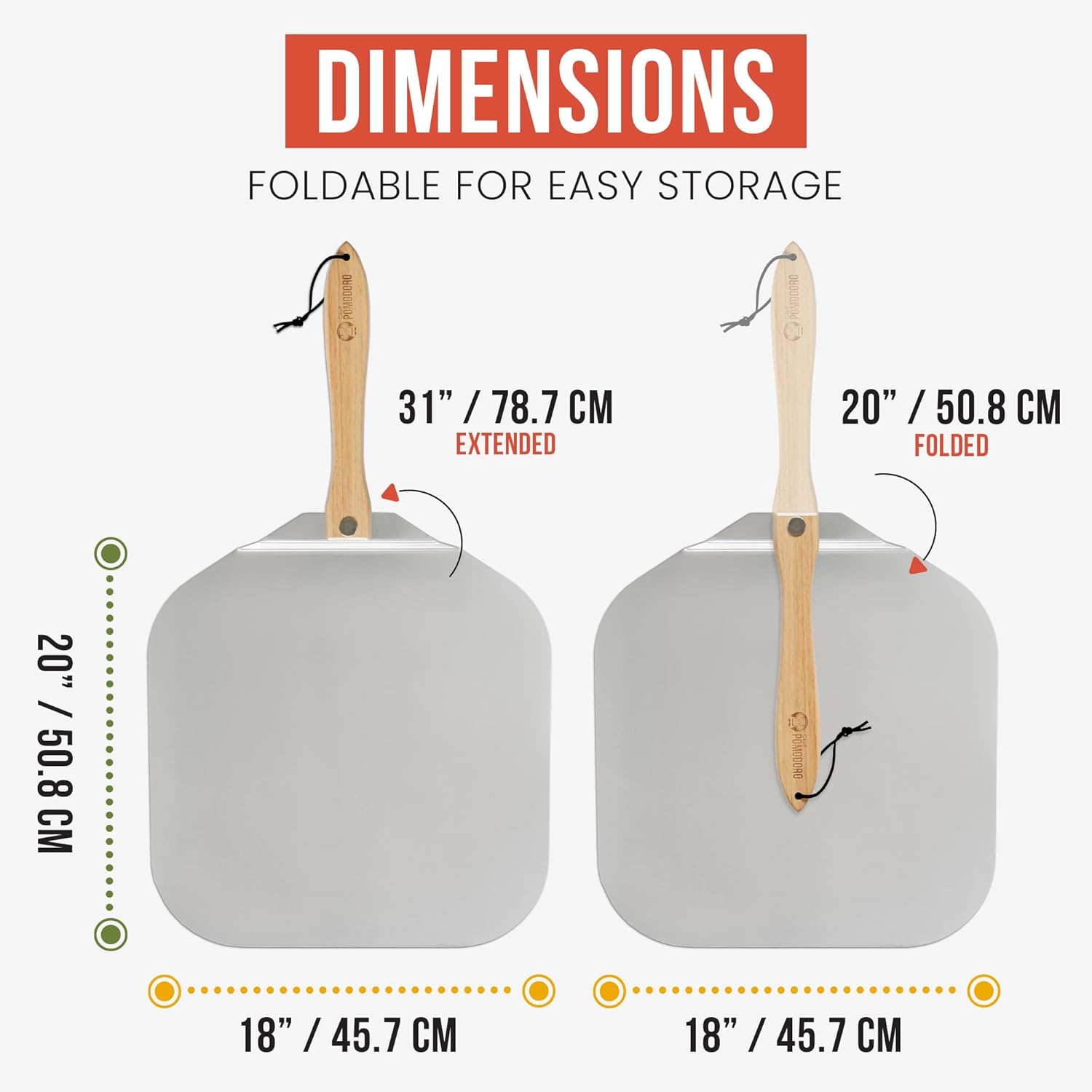 Chef Pomodoro Aluminum Metal Pizza Peel with Foldable Wood Handle for Easy Storage