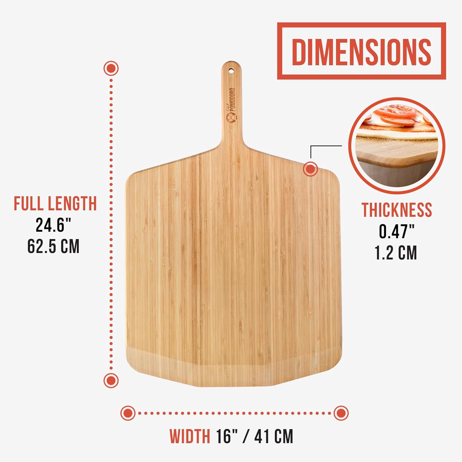 Pelle à pizza en bambou de 16 po Pomodoro, pelle à pizza en bois, palette à pizza