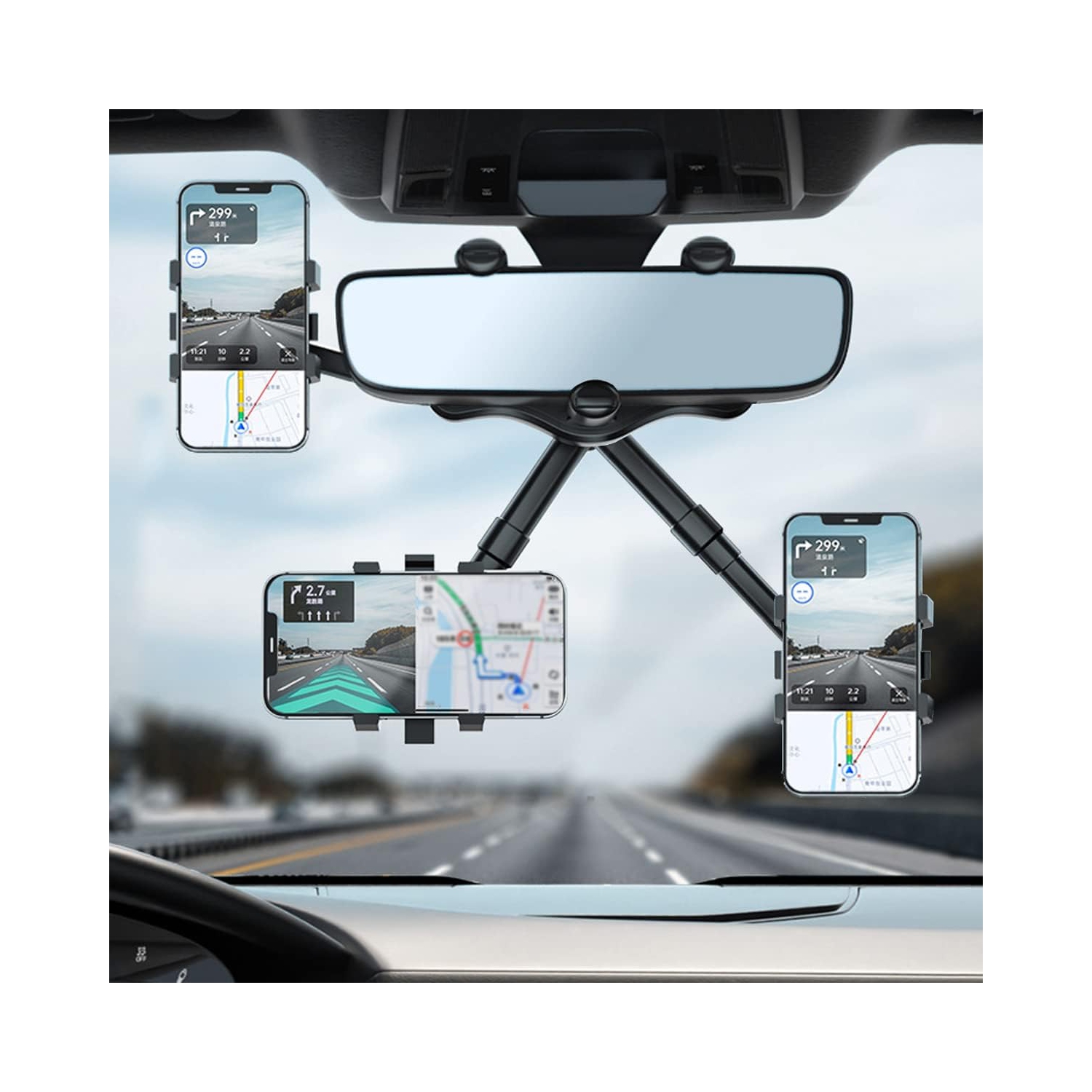 Support de téléphone d'auto à bras d'extension pivotant sur 360°, support réglable multifonction pour tous les téléphones mobiles, pince de trépied