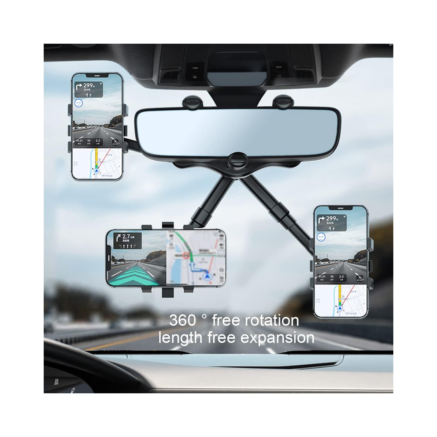 Support de téléphone d'auto à bras d'extension pivotant sur 360°, support réglable multifonction pour tous les téléphones mobiles, pince de trépied