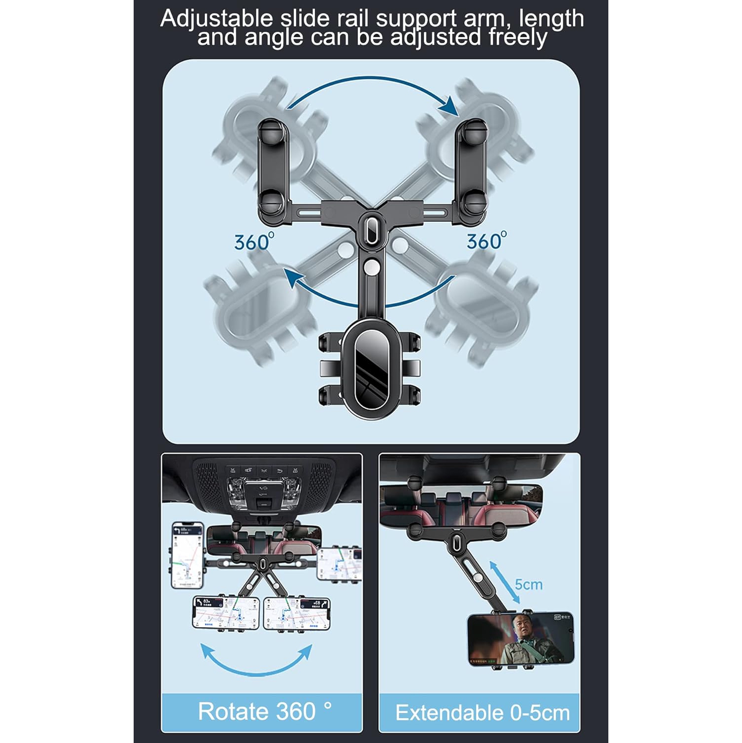 Support de téléphone d'auto à bras d'extension pivotant sur 360°, support réglable multifonction pour tous les téléphones mobiles, quatre pinces