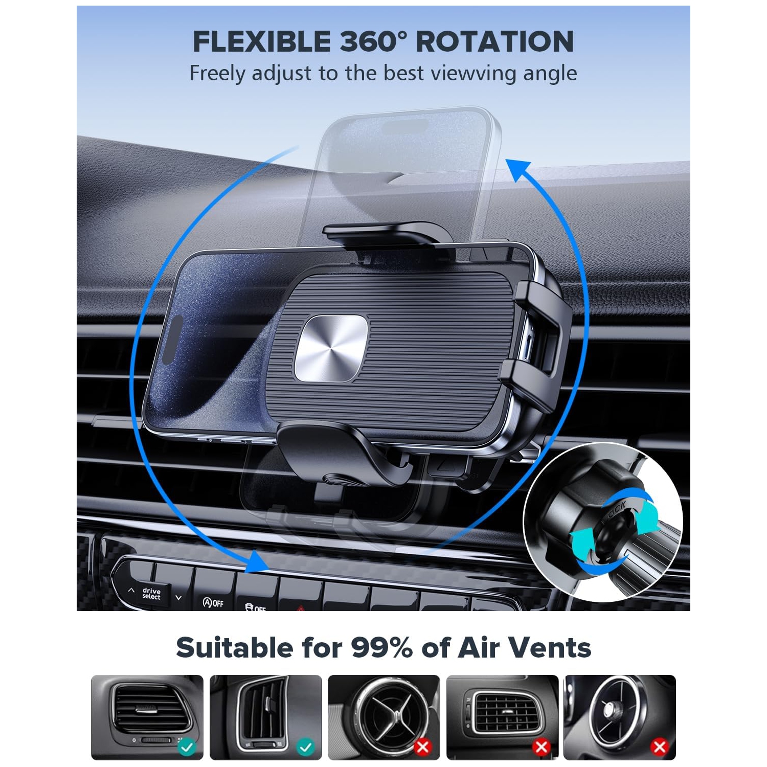 Car Vent Phone Mount, Universal Cell Phone Car Mount Hands Free Air Vent Phone Holders for Your Car Compatible with iPhone All Smartphones, Black