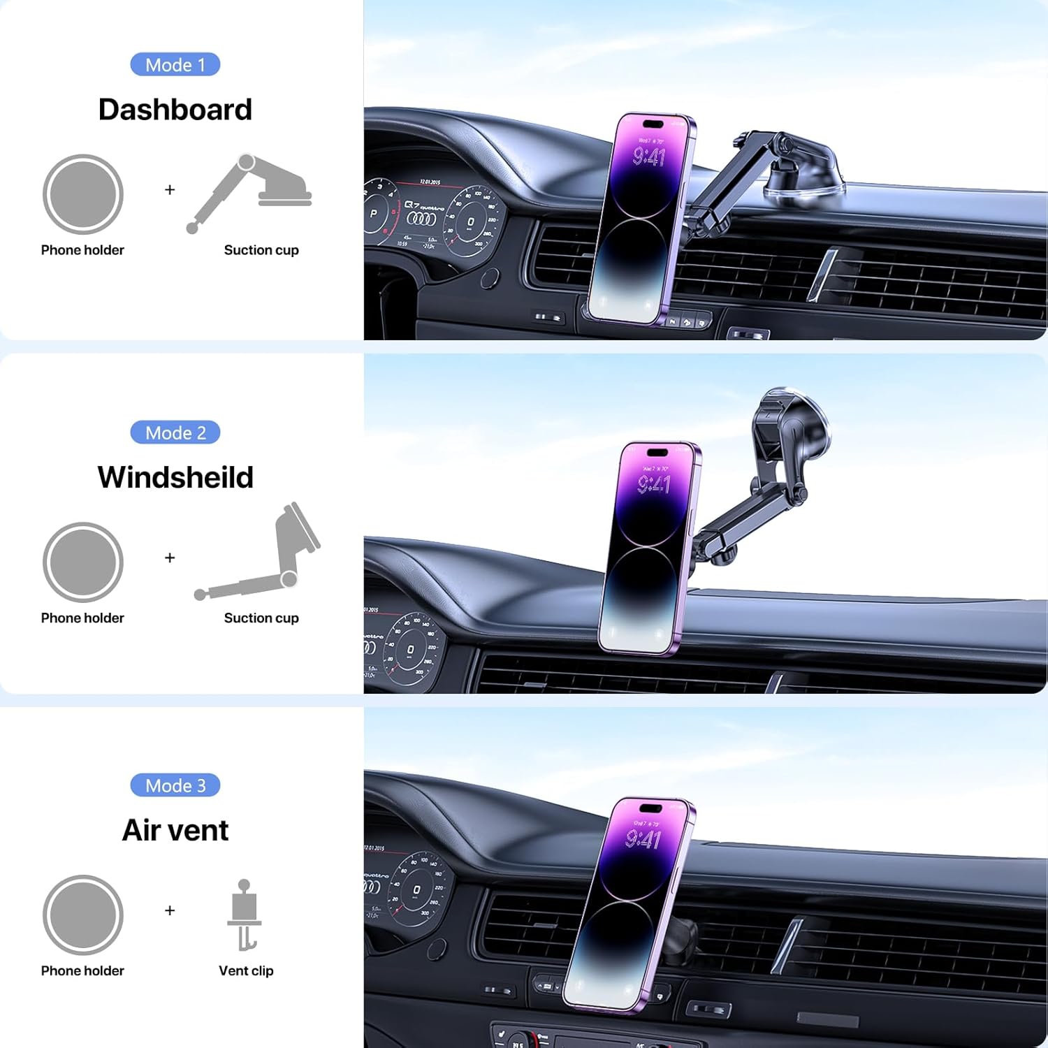 Car Phone Mount,Cell Phone Holder for all Mobile Phones,Long Arm Universal Phone Holder For Car Dashboard Windshield Vent, Suction Mount& Vent Model