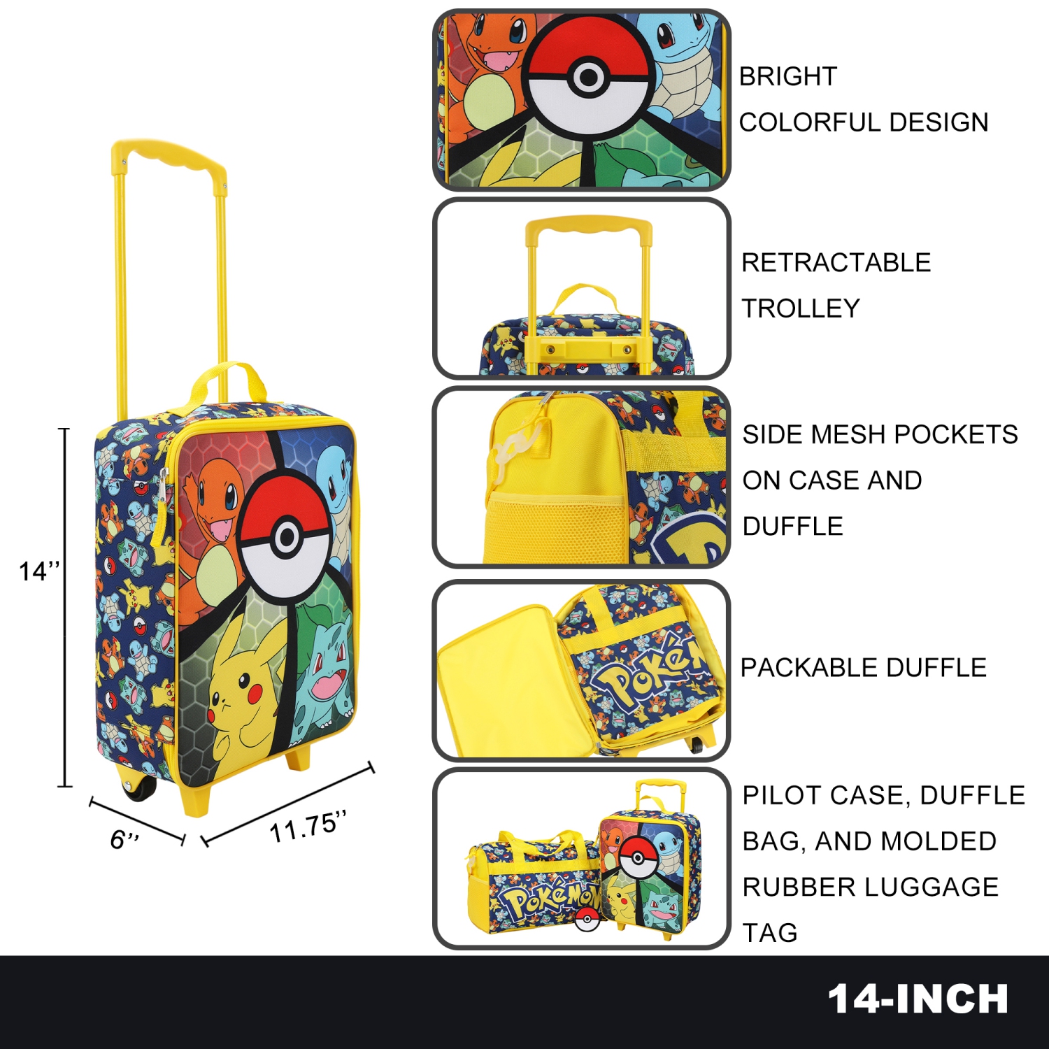 Ensemble de voyage 3 pièces pour enfants de 14 po avec trousse de démarrage Pokémon de 1 génération