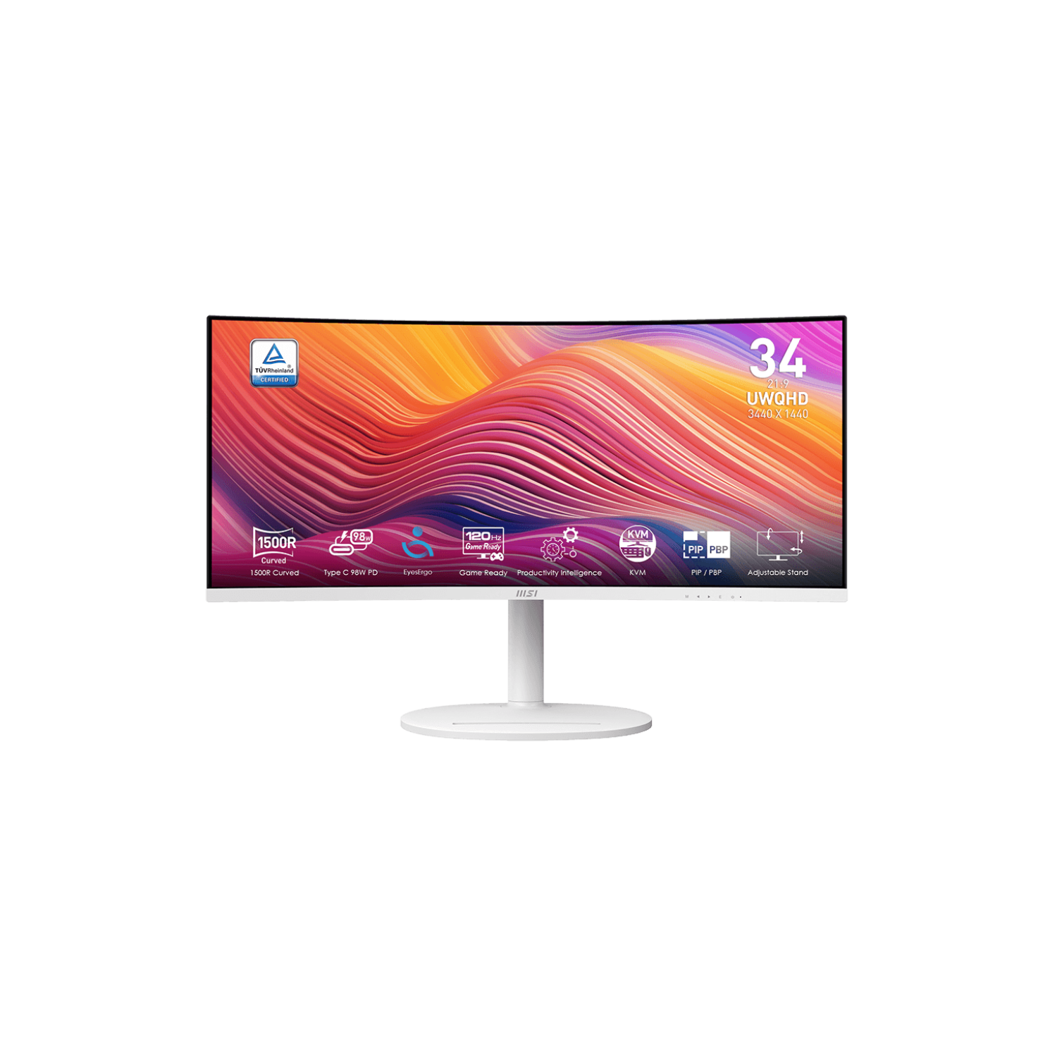 MSI 32" 3440 x 1440 (UWQHD) 120Hz 1ms (MPRT) / 4ms (GTG) Curved VA Monitor Height, Tilt, Swivel adjustable (Modern MD342CQPW)