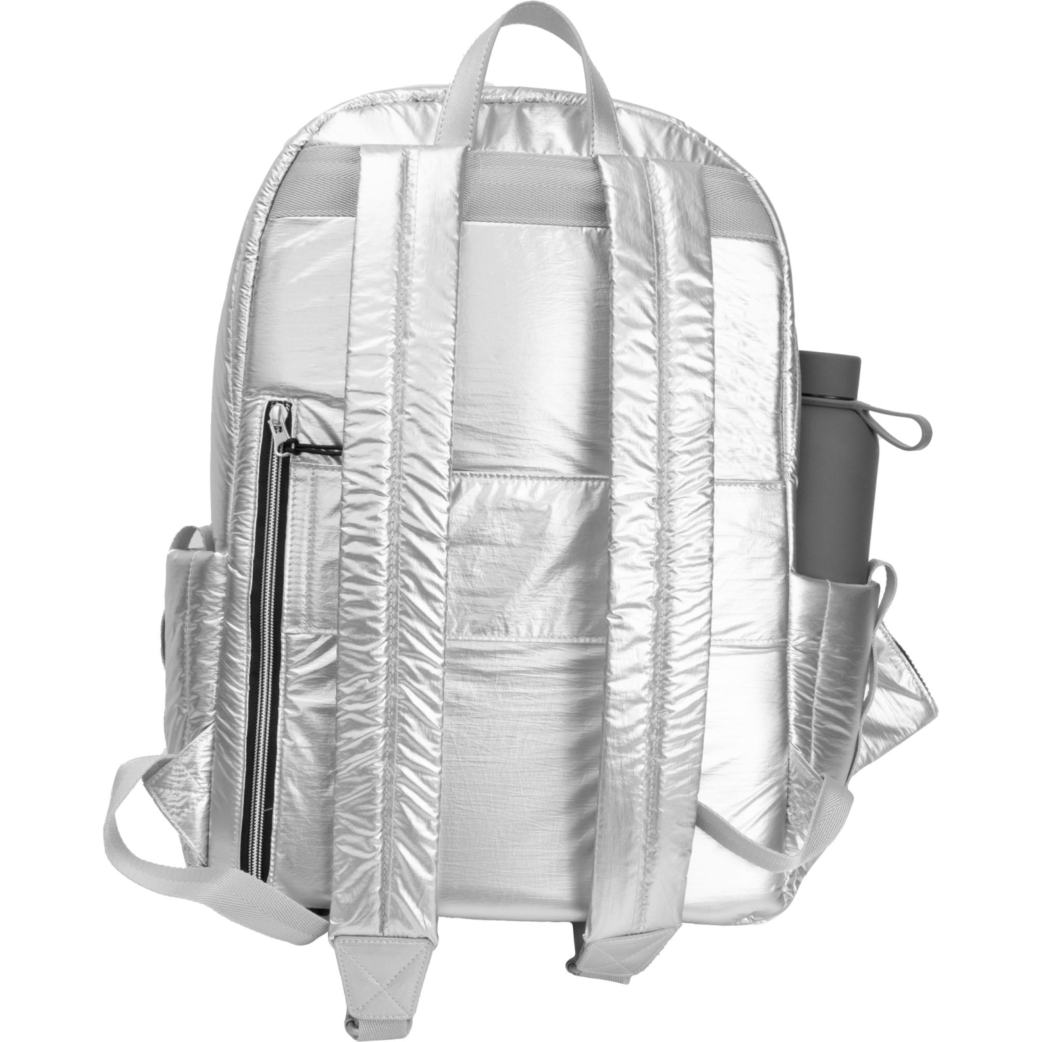 Joan & David 18 Inch Tubular Quilted Metallic Nylon Travel Workbook Backpack - Chrome