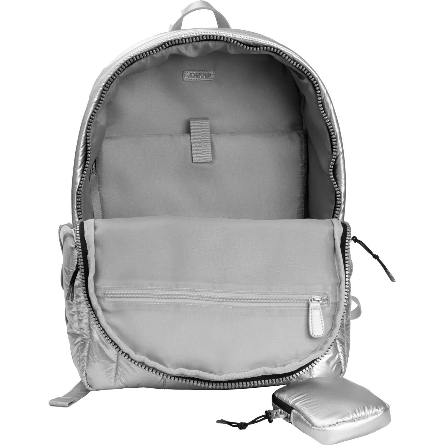 Joan & David 18 Inch Tubular Quilted Metallic Nylon Travel Workbook Backpack - Chrome