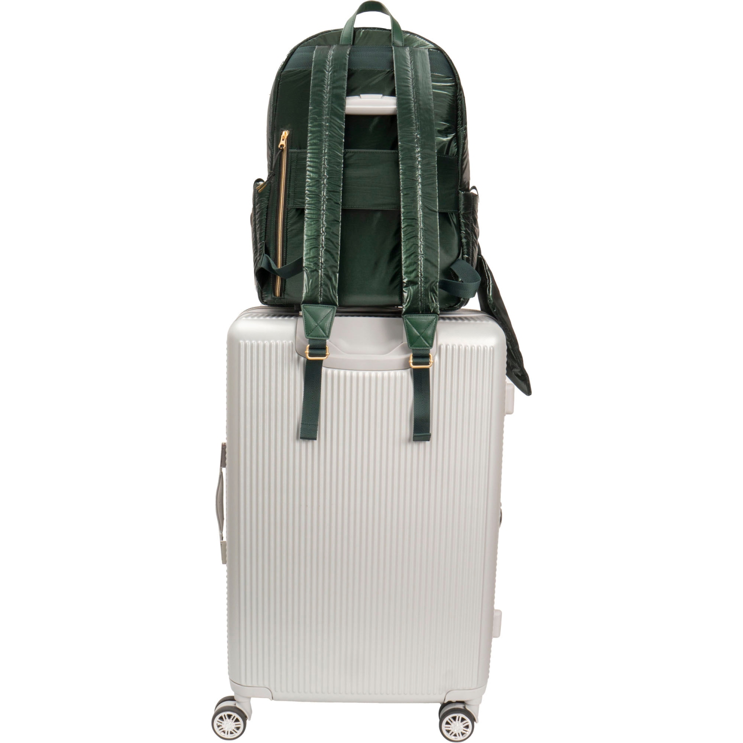 Joan & David 18 Inch Tubular Quilted Metallic Nylon Travel Workbook Backpack - Emerald