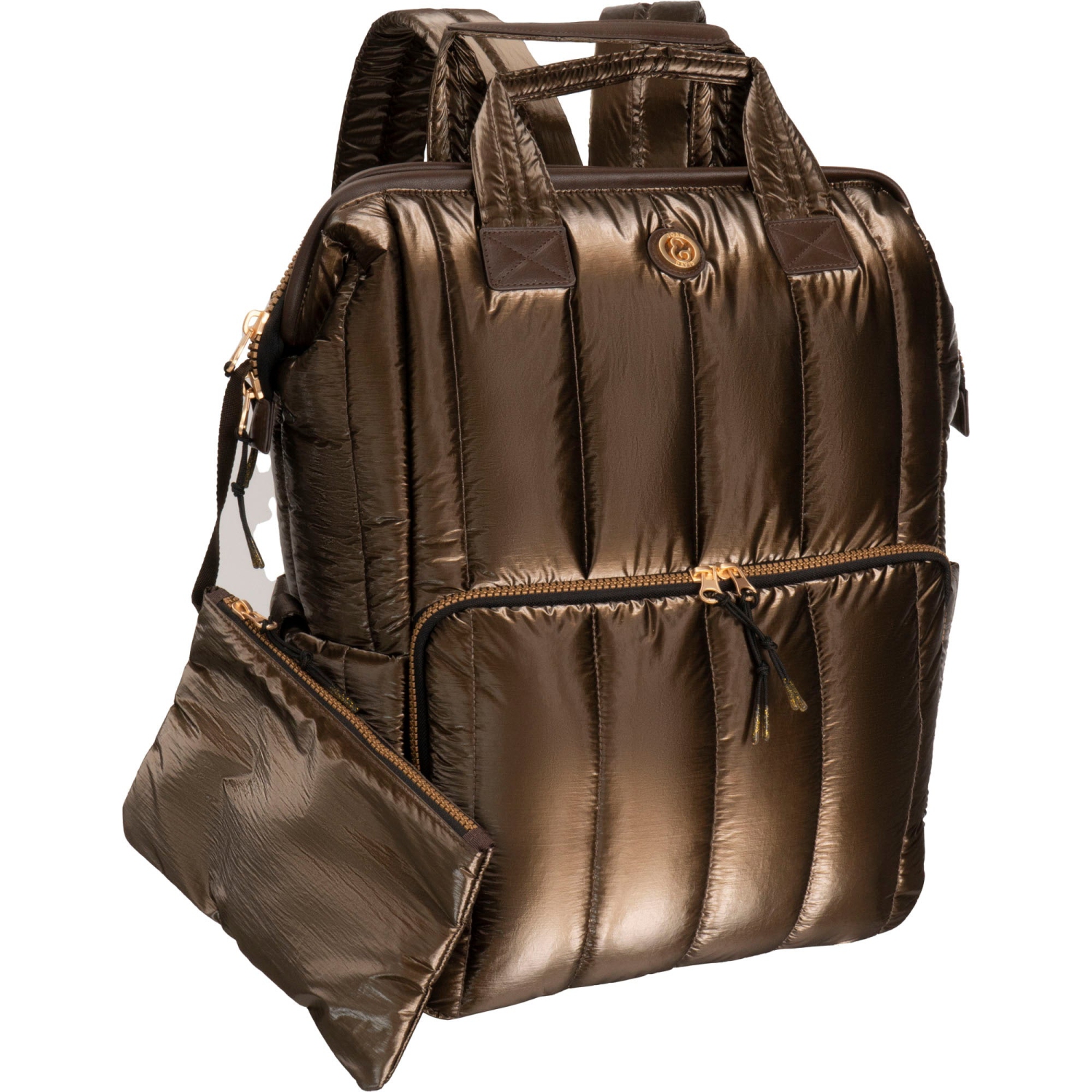 Joan & David 18 Inch Tubular Quilted Metallic Nylon Workbook Backpack - Metallic Chocolate