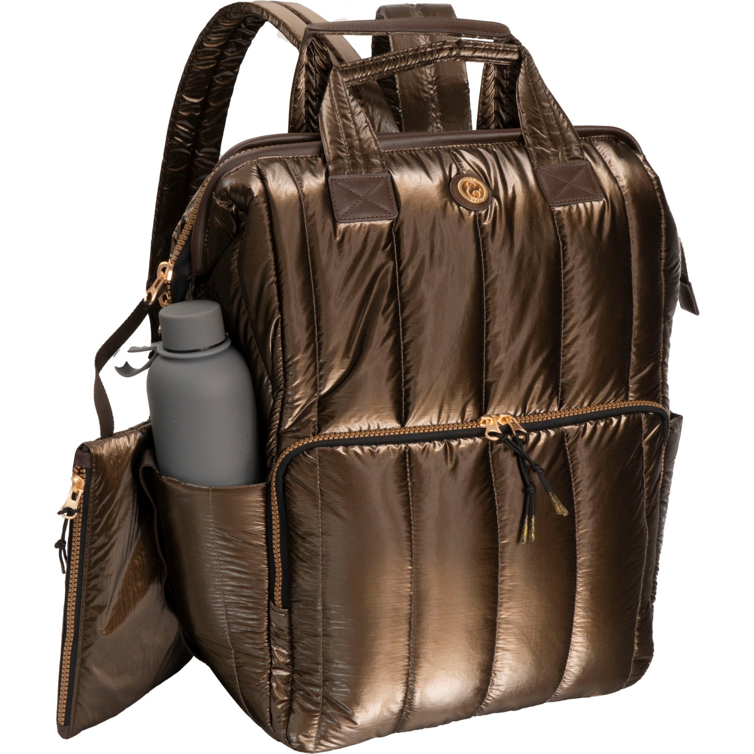 Joan & David 18 Inch Tubular Quilted Metallic Nylon Workbook Backpack - Metallic Chocolate