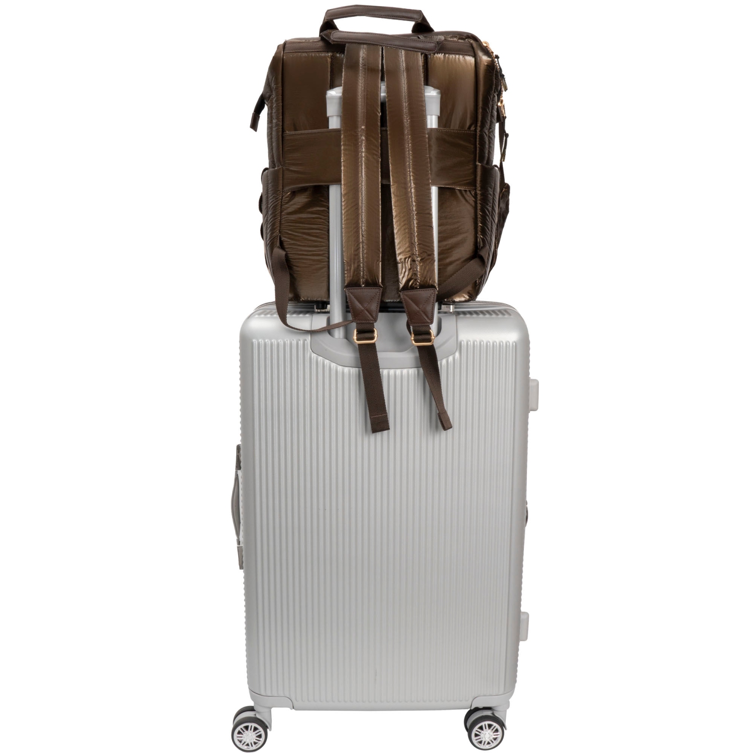 Joan & David 18 Inch Tubular Quilted Metallic Nylon Workbook Backpack - Metallic Chocolate