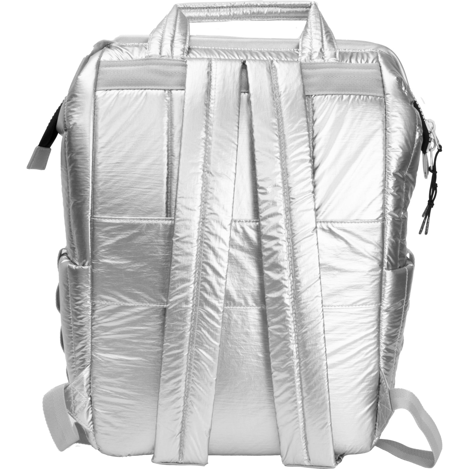 Joan & David 18 Inch Tubular Quilted Metallic Nylon Workbook Backpack - Chrome