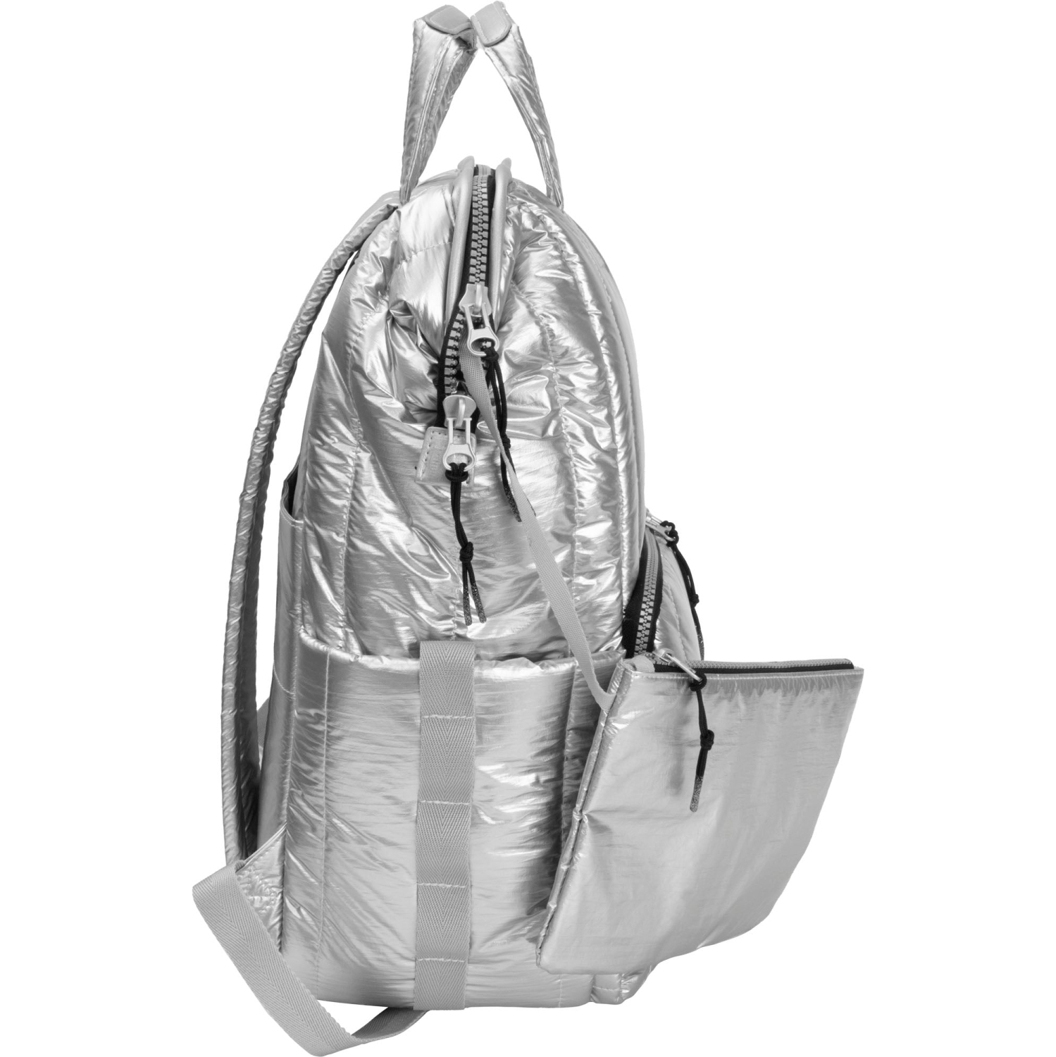 Joan & David 18 Inch Tubular Quilted Metallic Nylon Workbook Backpack - Chrome