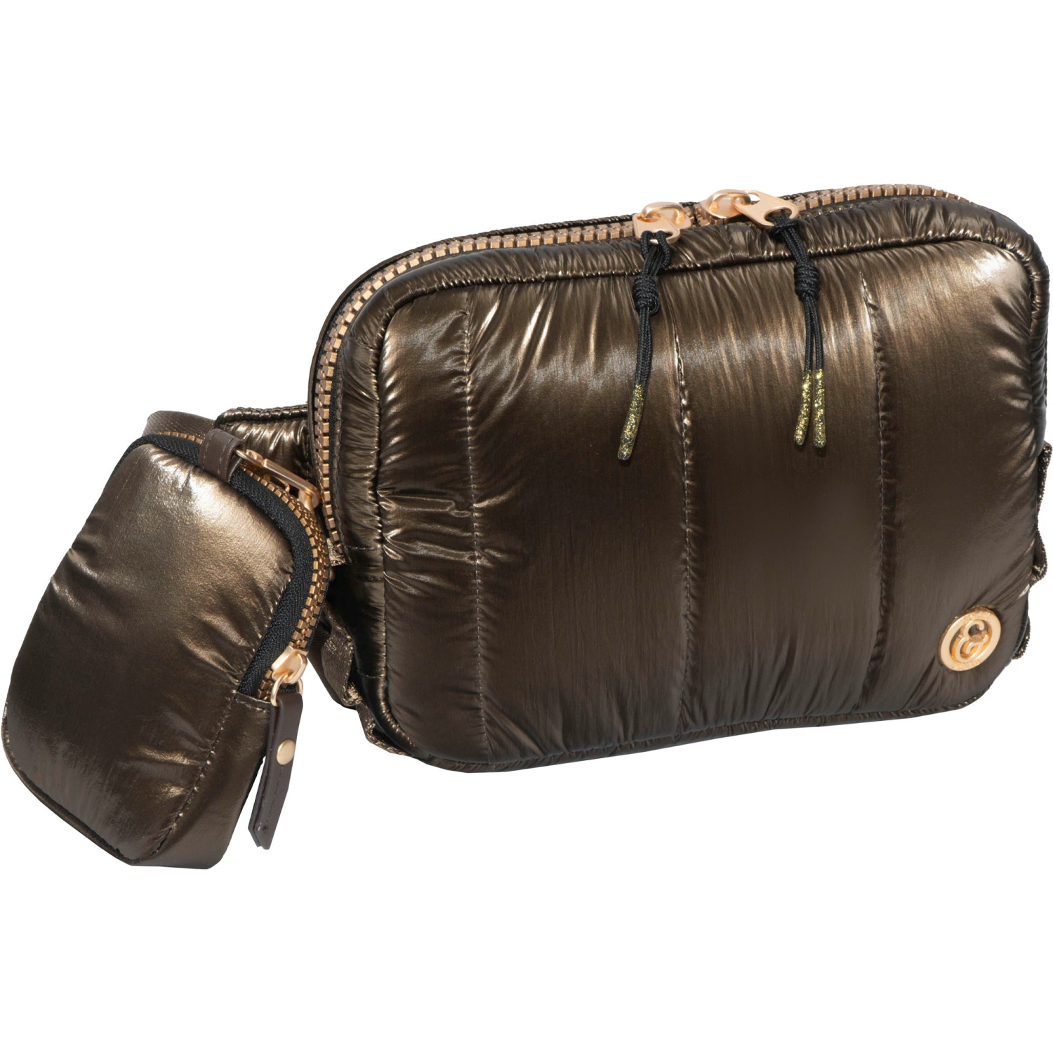Joan & David 9 Inch Metallic Puffer Tubular Quilted Nylon Sling Pouch - Metallic Chocolate