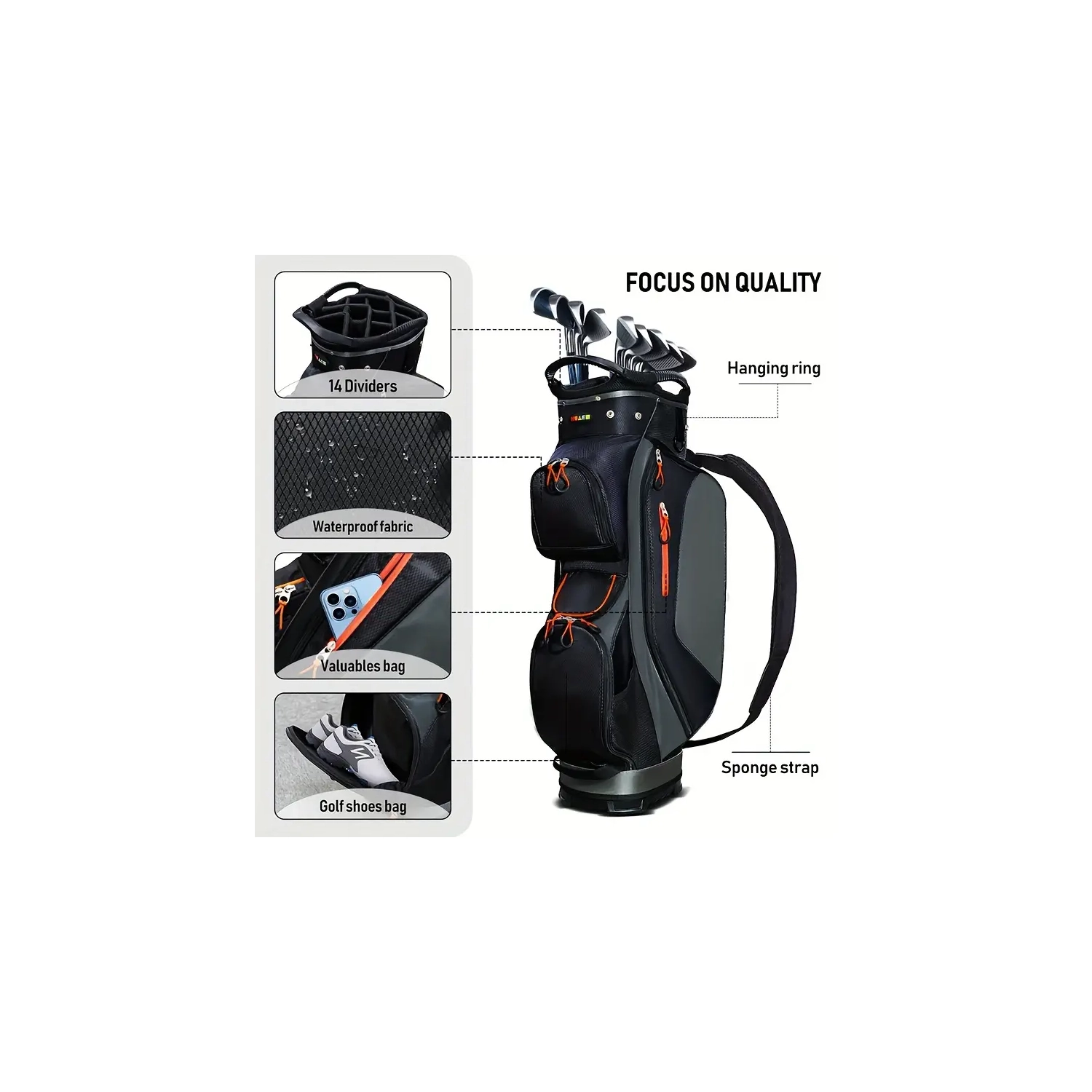 Sac de chariot de golf avec 14 séparateurs de club de golf, 4,6&nbsp;lb/2,1&nbsp;kg léger et étanche avec poignées et housse imperméable pour hommes