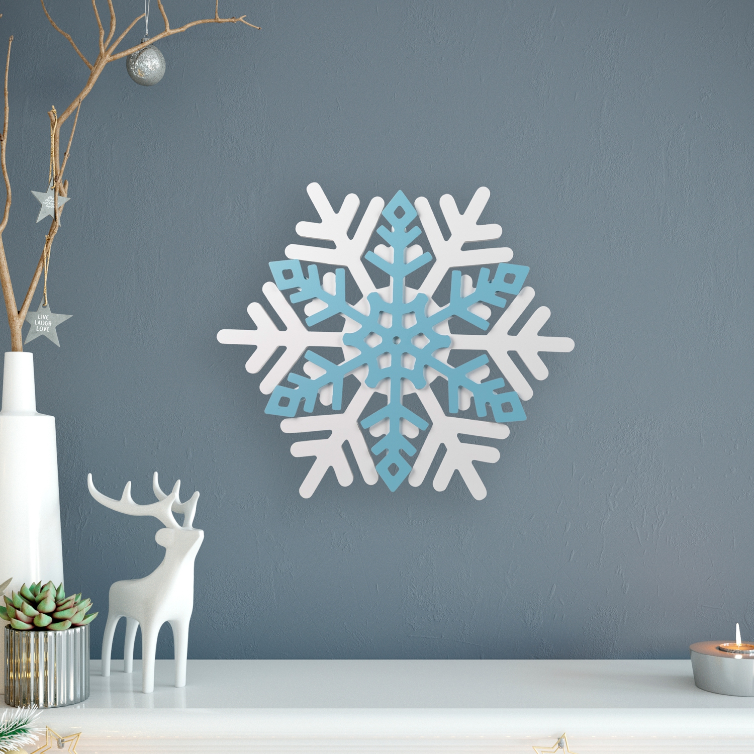 Décoration murale de Noël en bois flocon de neige - 11,75 po - Blanc et bleu