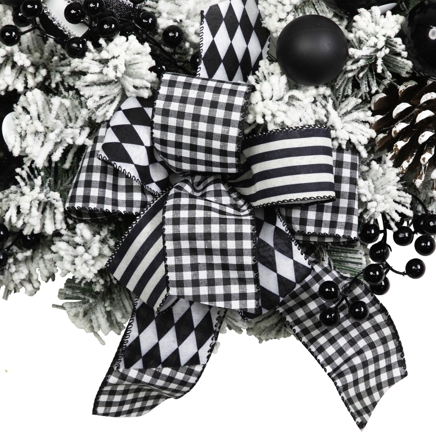 Flocked Pine with Harlequin Bows and Ornaments Christmas Wreath - 24" - Unlit