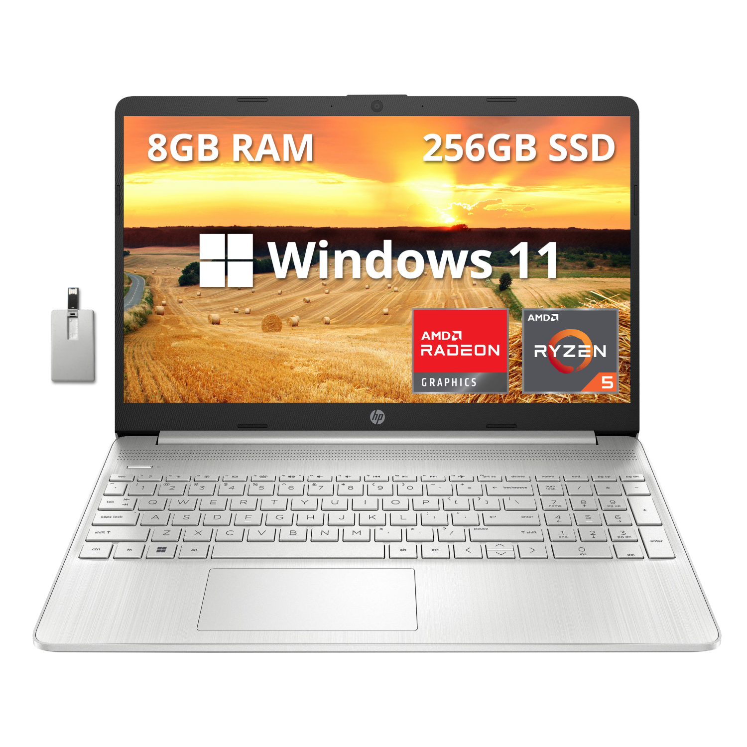 HP 15.6" FHD Laptop, AMD Ryzen 5-5500U Processor, 256GB PCIe SSD, 8GB RAM, AMD Radeon Graphics, HD Webcam, Wi-fi, Bluetooth, Windows 11, Silver, 32GB Hotface USB Card