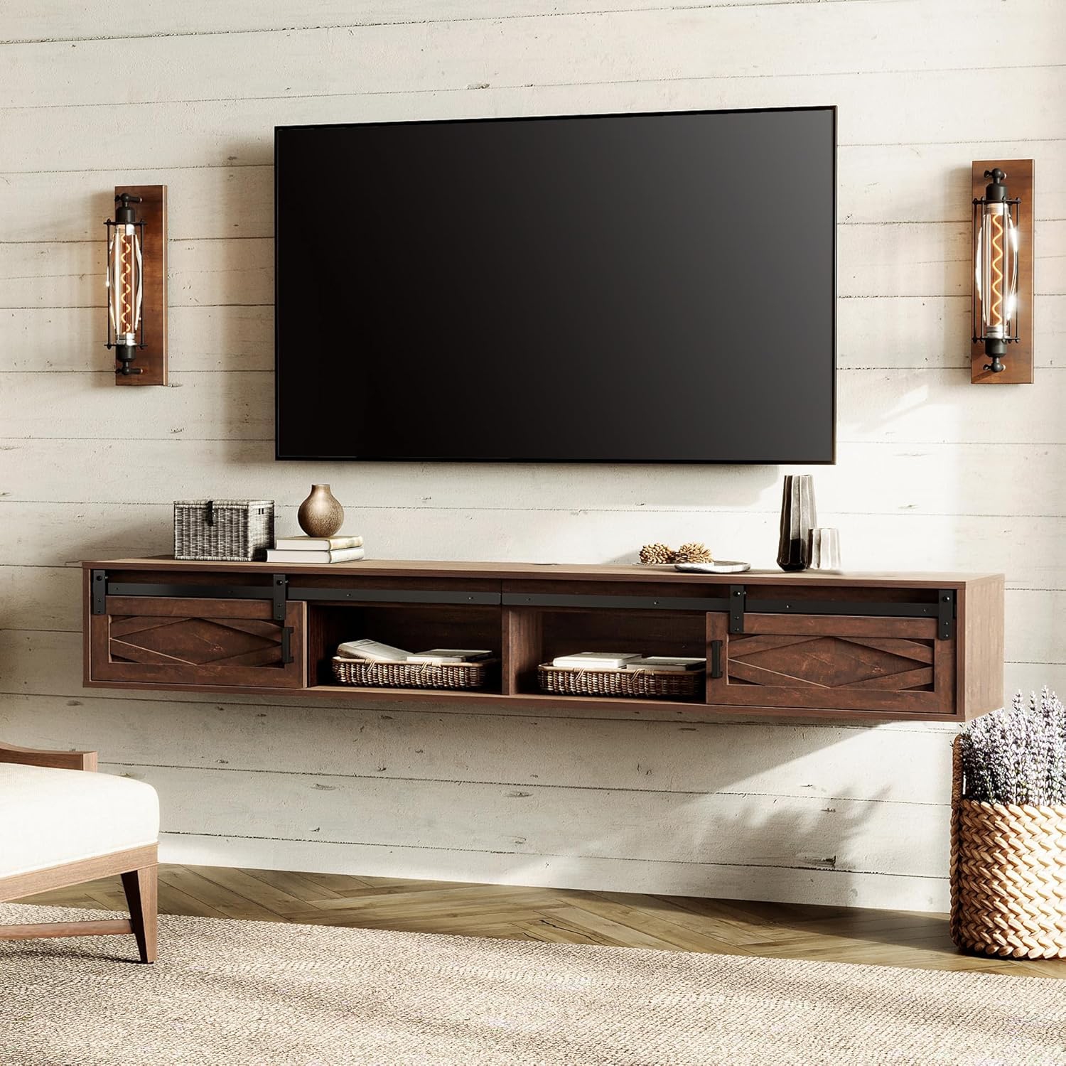 FITUEYES Floating TV Stand Shelf for TVs up to 85 Inch, Wood Floating Entertainment Center with Sliding Barn Door for Living Room, Bedroom, Rustic Brown