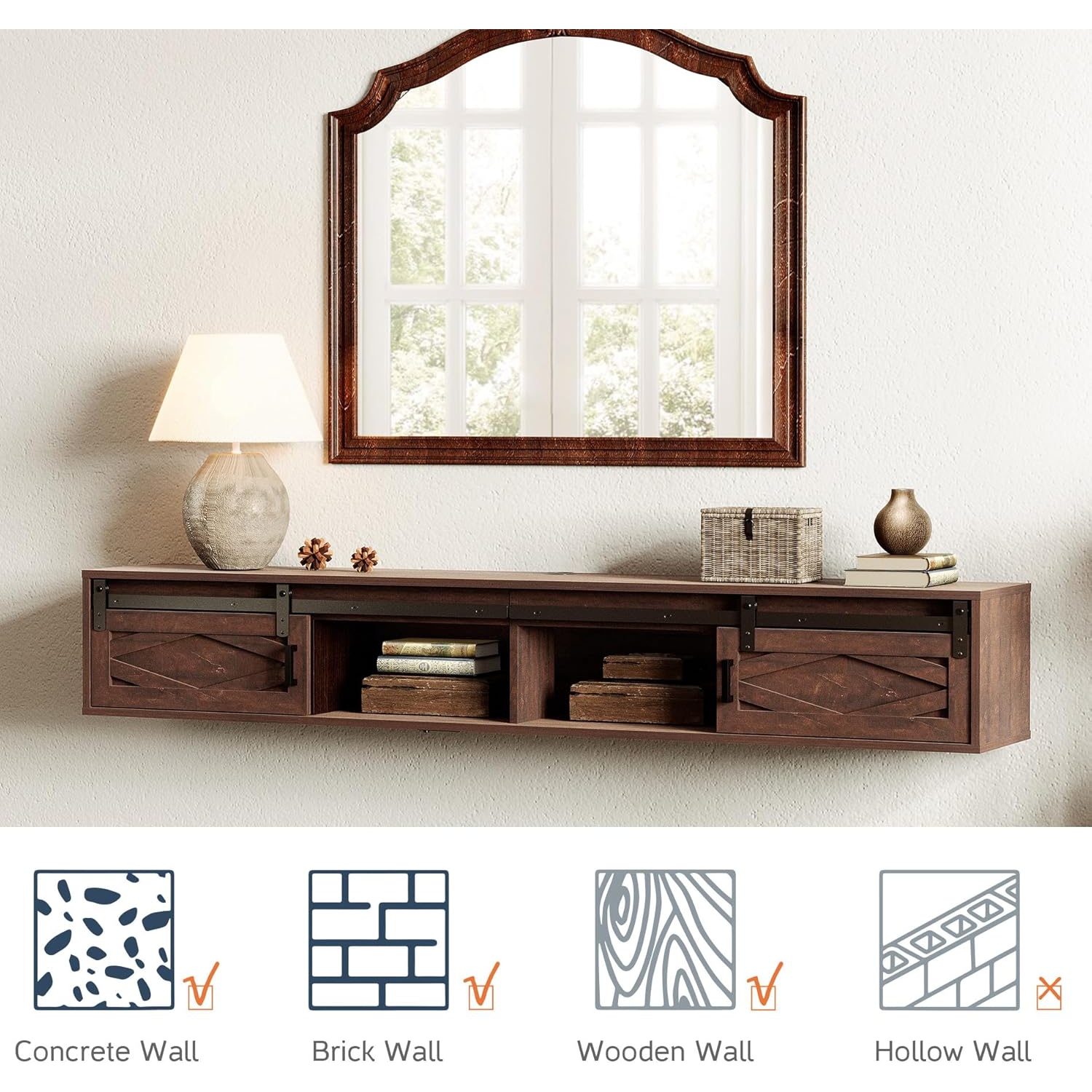 FITUEYES Floating TV Stand Shelf for TVs up to 85 Inch, Wood Floating Entertainment Center with Sliding Barn Door for Living Room, Bedroom, Rustic