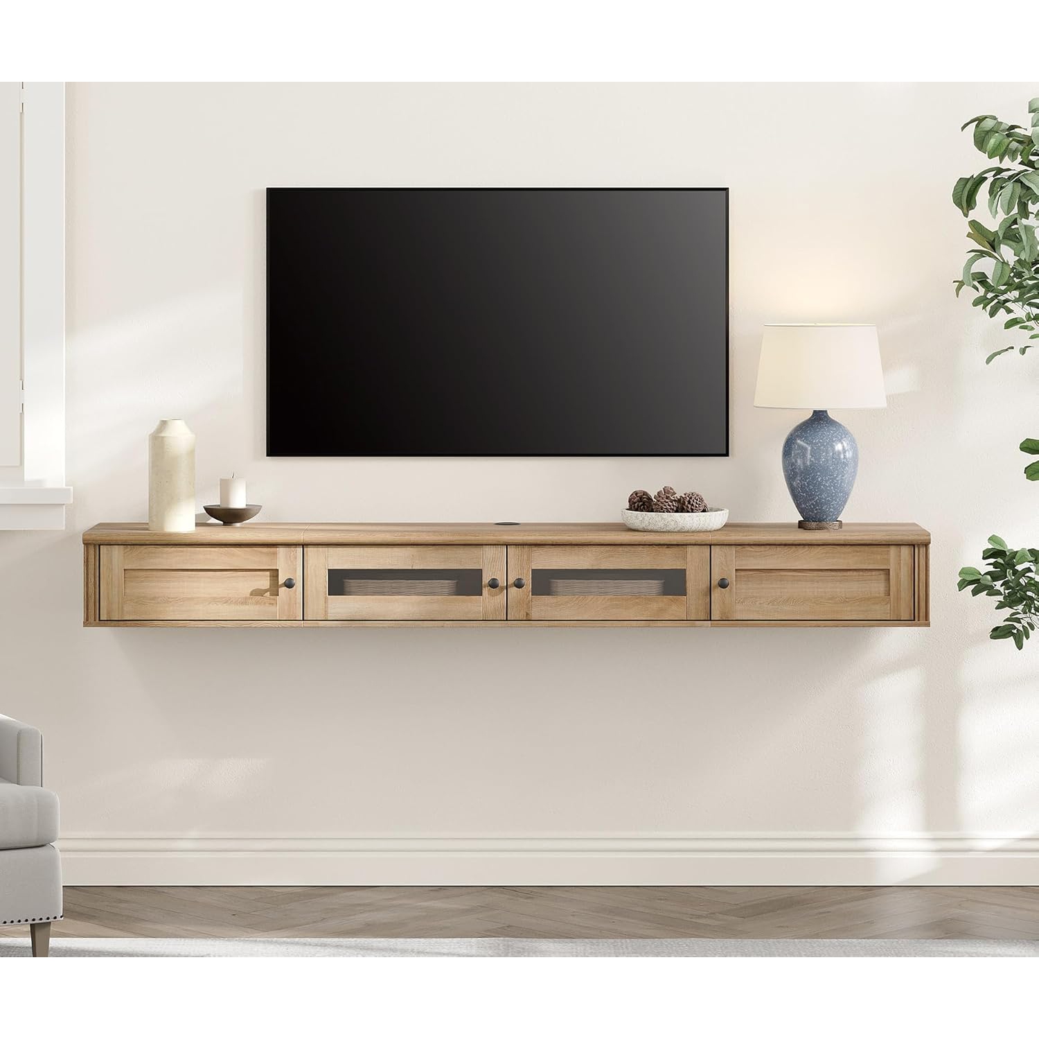 FITUEYES Floating TV Stand for TVs up to 80 Inch, Wooden Floating TV Shelf with Storage Cabinet, Modern Entertainment Center for Living Room, Oak