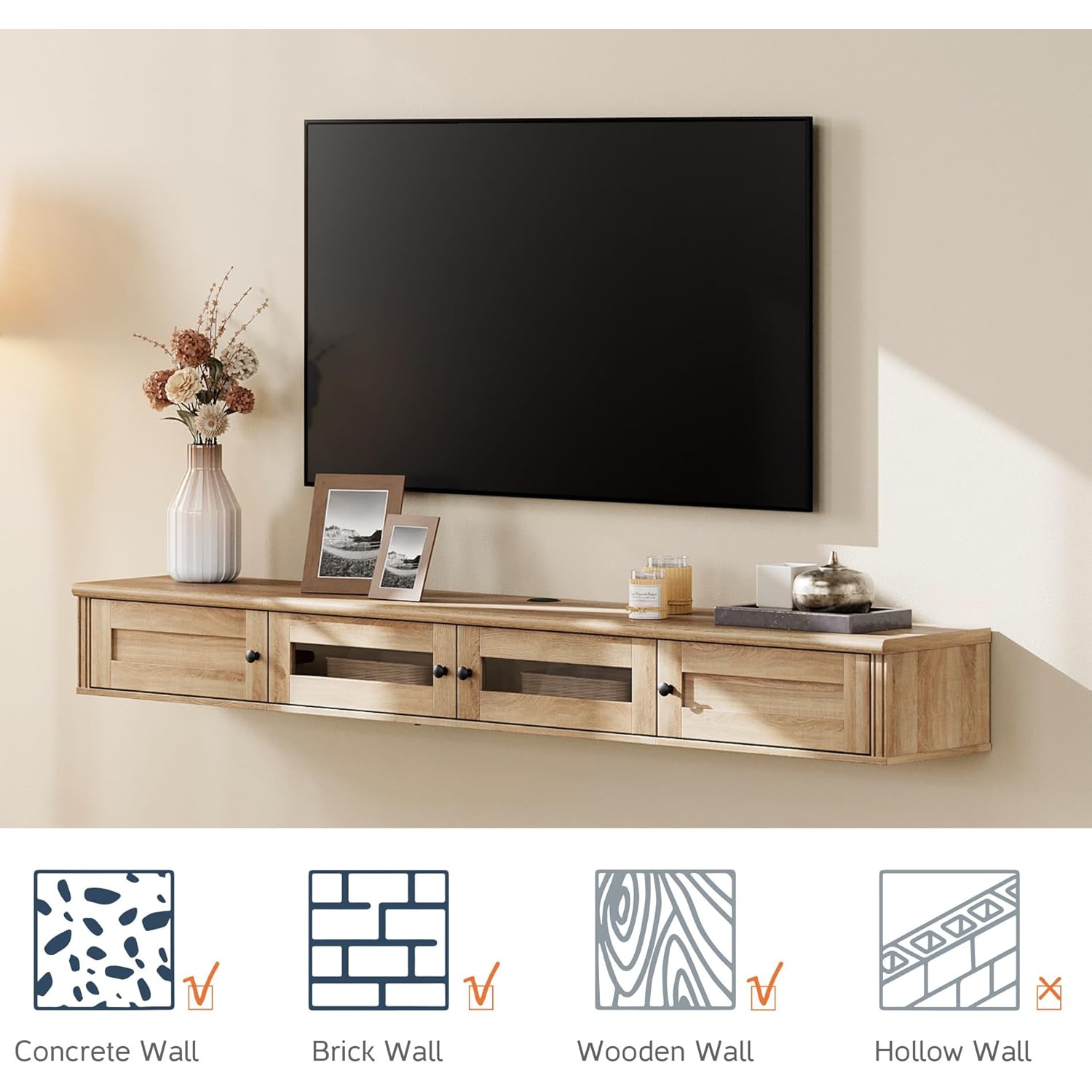 FITUEYES – Meuble flottant pour téléviseur jusqu’à 80 po, tablette flottante en bois pour téléviseur avec armoire de rangement, meuble de