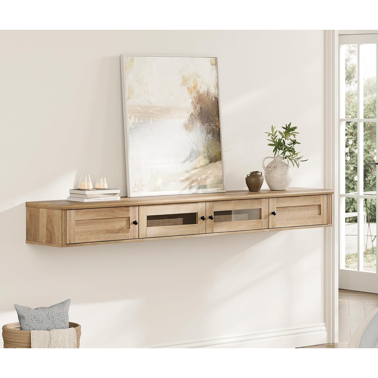 FITUEYES – Meuble flottant pour téléviseur jusqu’à 80 po, tablette flottante en bois pour téléviseur avec armoire de rangement, meuble de